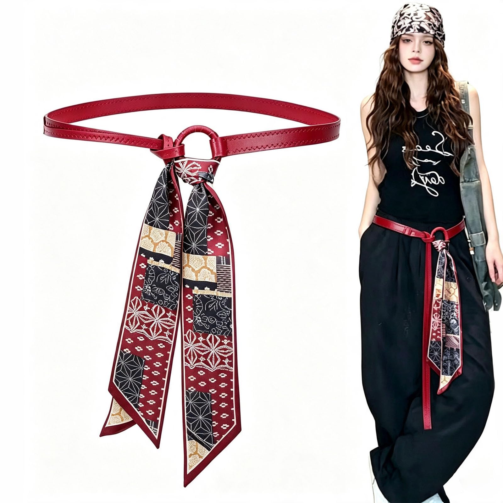 Belt for Women Jeans, Slim Waist Belt with Decorative Printed Scarf, Adjustable Faux Leather Tie Belt for Dresses, Blouses & High-Waisted Pants, Bohemian Style Fashion Waist Accessories-image-7