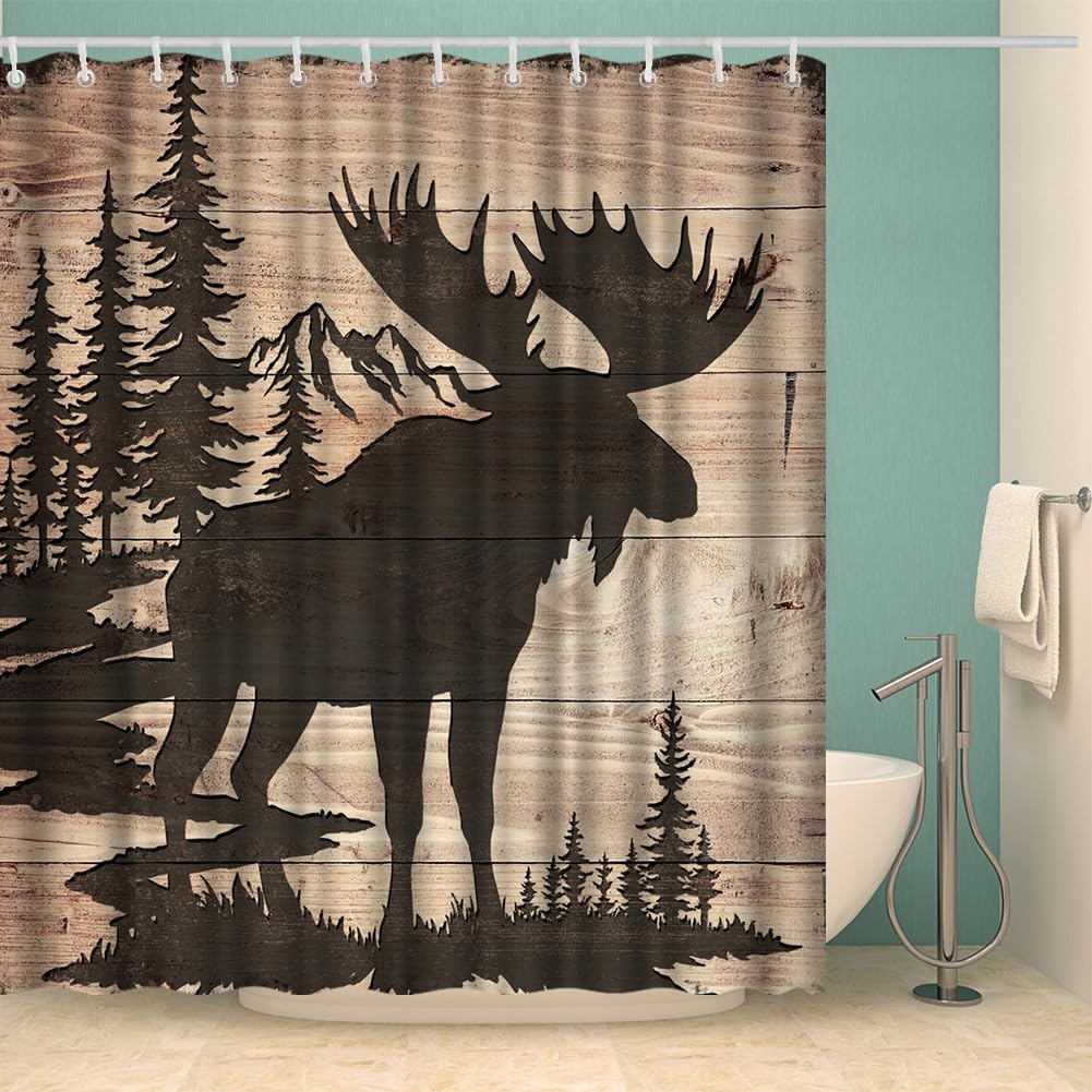Moose in Forest Silhouette Cabin Shower Curtain Woodland Print Bathroom Decor Curtains 72 x 72 inches