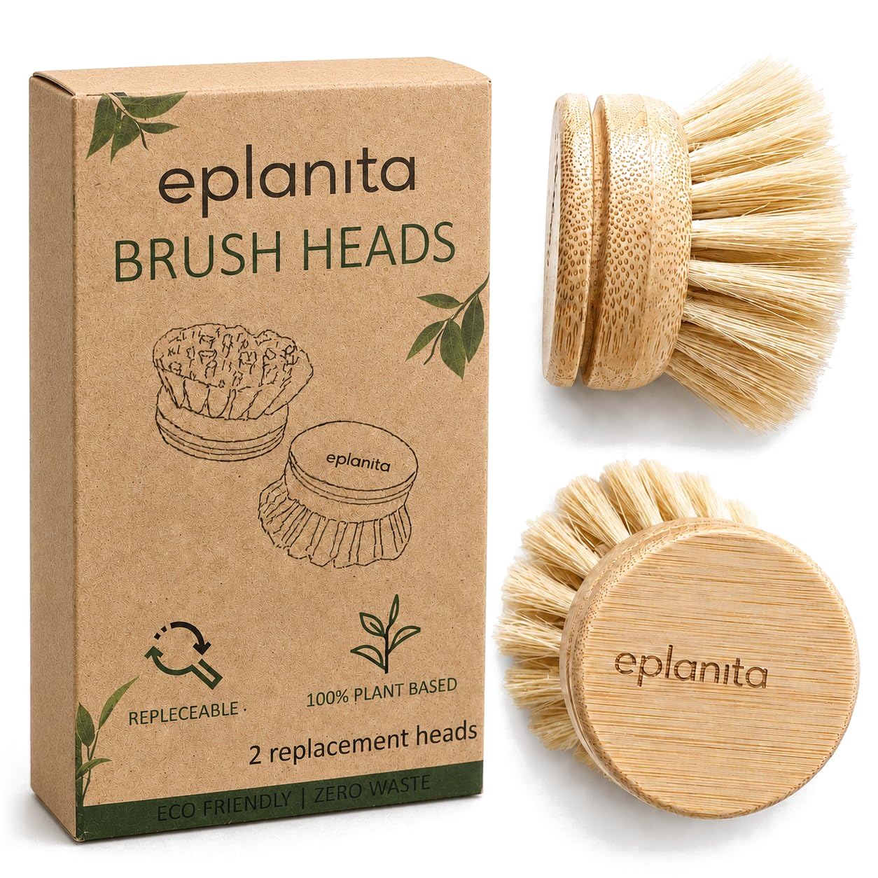 eplanita Replacement Brush Heads (Pack of 2) for Bamboo Dish Brush, Sisal Bristle Refills, Agave Cactus Fibres, Kitchen Eco Scrubber, Plastic Free Washing Up, Zero Waste Cleaning