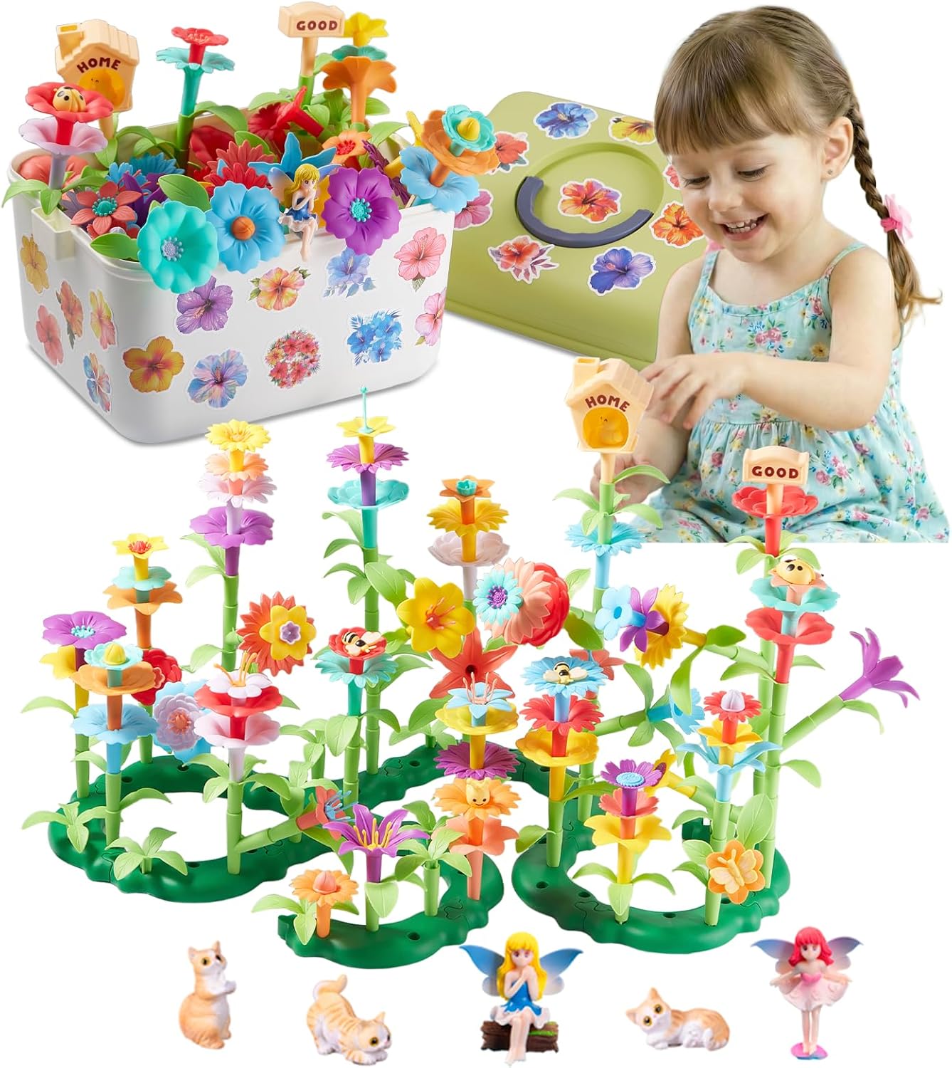 Flower Garden Building Toys, STEM Educational Block Set for Toddlers Ages 3-5, 194 Pcs Non-Toxic Stacking Playset with Storage Box, Birthday for Preschool Kids
