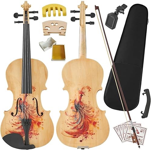 Beginner Violin 4/4, Full Size Violin for Adults, Teens, Student, Acoustic Fiddle Kit with Hard Case, Tuner,Mute,Shoulder Rest,Extra Strings,Cloth,Learners Age 12+ (Burlywood + Phoenix Pattern)