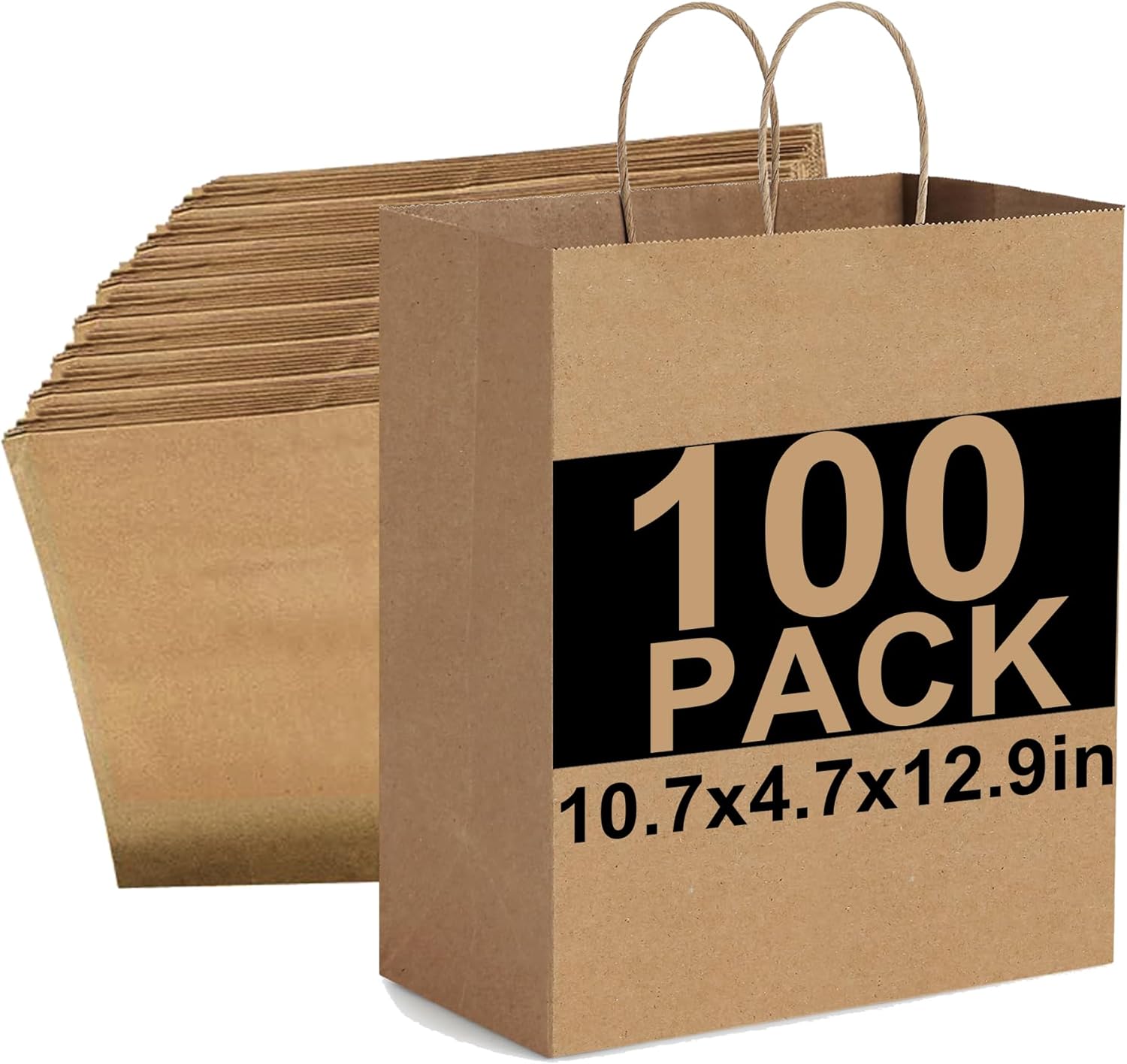 KTKDE 100 Pack Gift Bags 10.2x4.7x12.9 Brown Paper Bags with Handles,Kraft Paper Bags for Business Christmas Bulk Bags, Wedding Party Favor Bags,Shopping Lunch Bags, holiday gifts bags 100Pack-Brown-10.2x4.7x12.9in