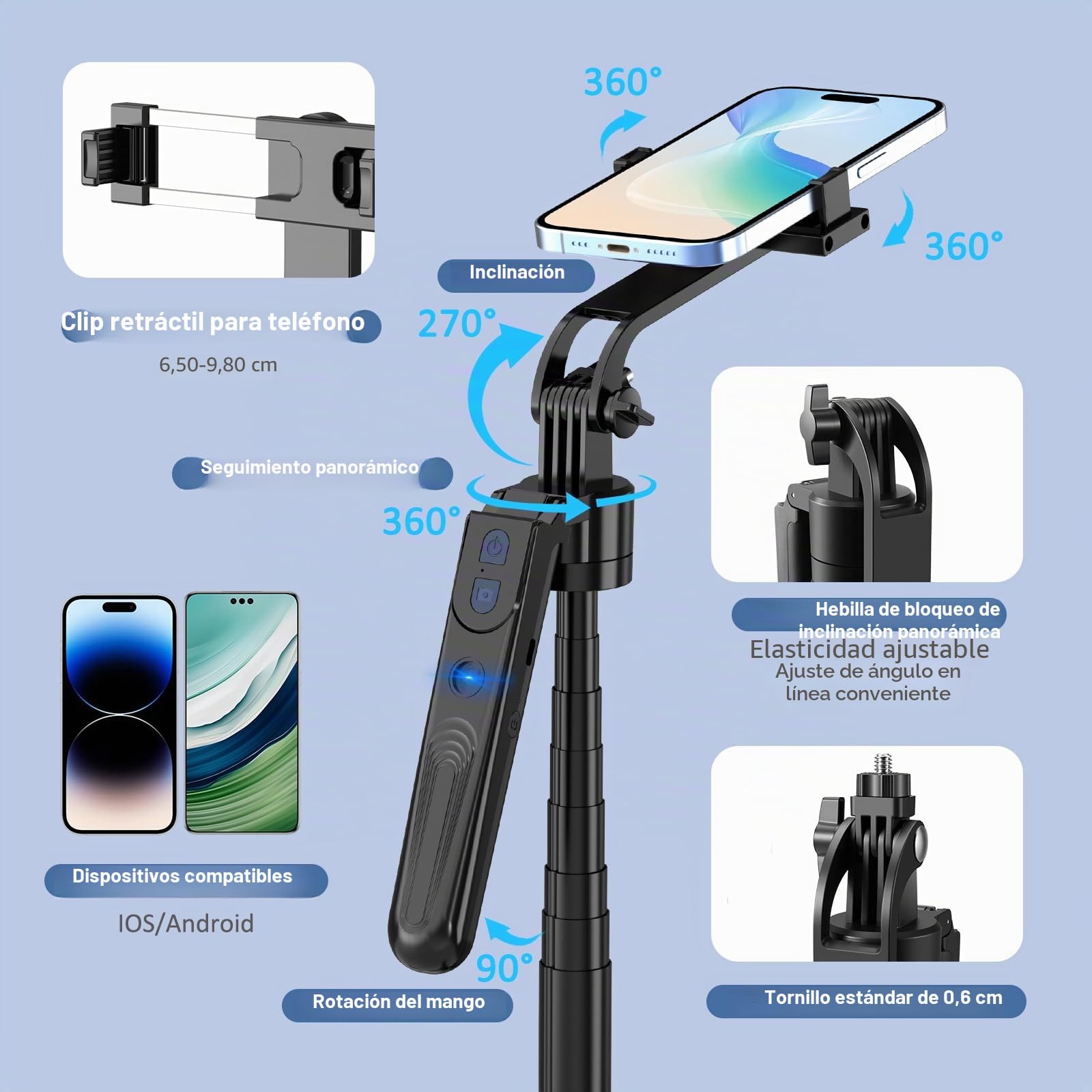 Tripode Facial Automático Seguimiento con Luz,180cm Palo Selfie para movil de 360 Grados,Tripode Soporte iPhone y Android para teléfono móvil para Viajes,vlogging