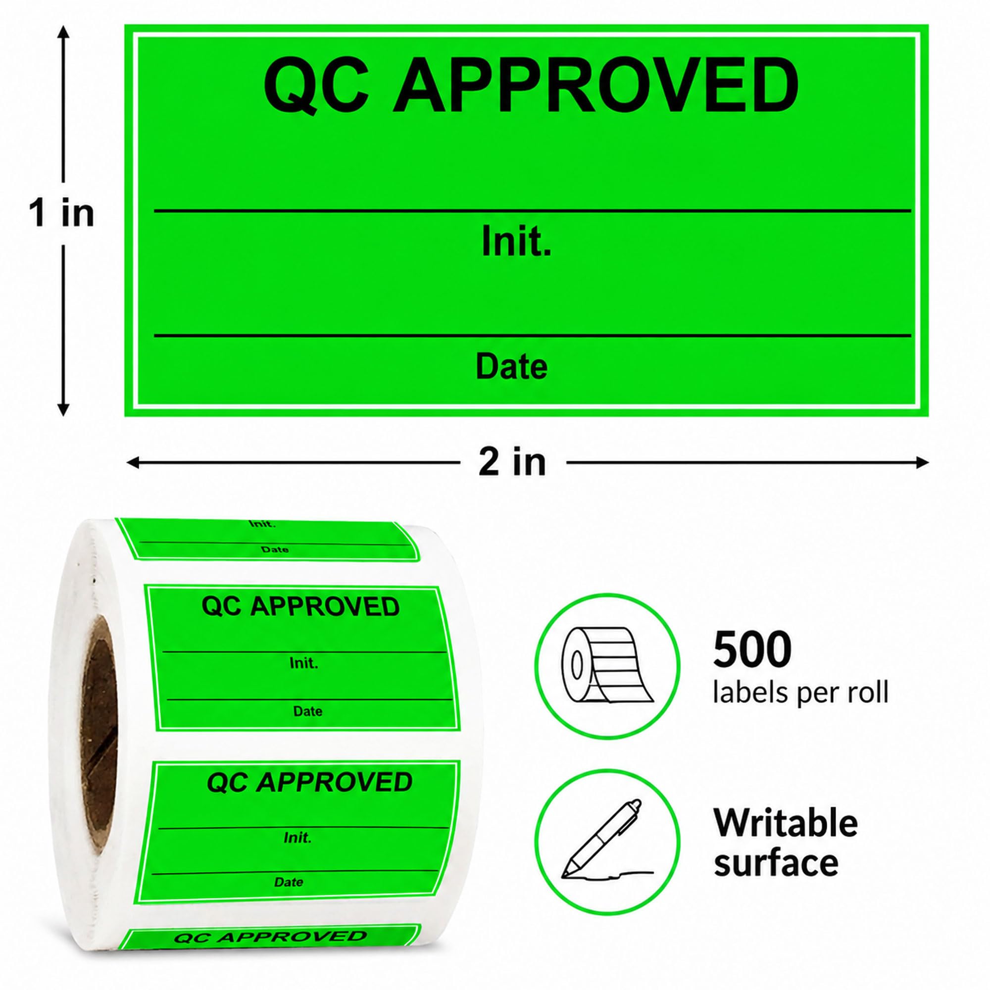 Zatwierdzone przez QC etykiety 5 cm x 2,5 cm zielone naklejki na zapasy kontroli jakości, 500 etykiet zatwierdzających, fluorescencyjne, zielone etykiety do kontroli jakości magazynu, kontrola