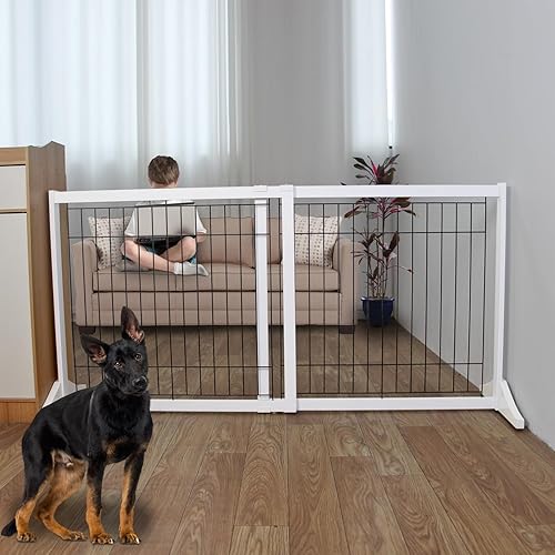 ZJSF Puerta independiente para perros, ajustable de madera, color blanco, expandible, para la casa, para interiores, para perros, valla extra ancha