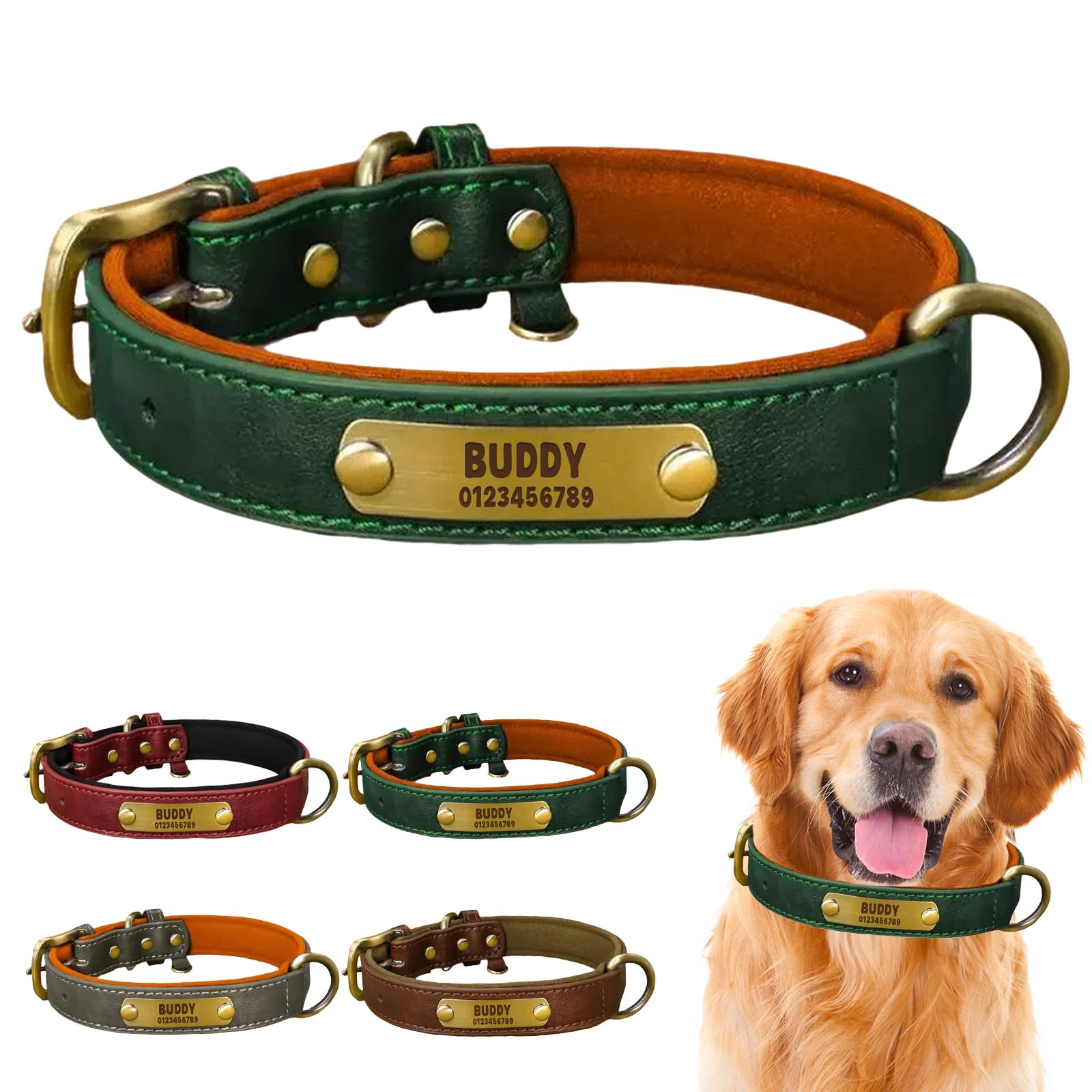 Personalised Dog Collar, Soft Padded and Heavy Duty with Engraved Name Plate, Adjustable for Small, Medium and Large Dogs (Dark Green, L: Neck 38-48cm, Width 2.7cm)