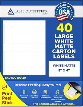 40 Label Outfitters Printable Blank White Matte Large Rectangular 8 x 4 Carton Box Labels 20 Sheets