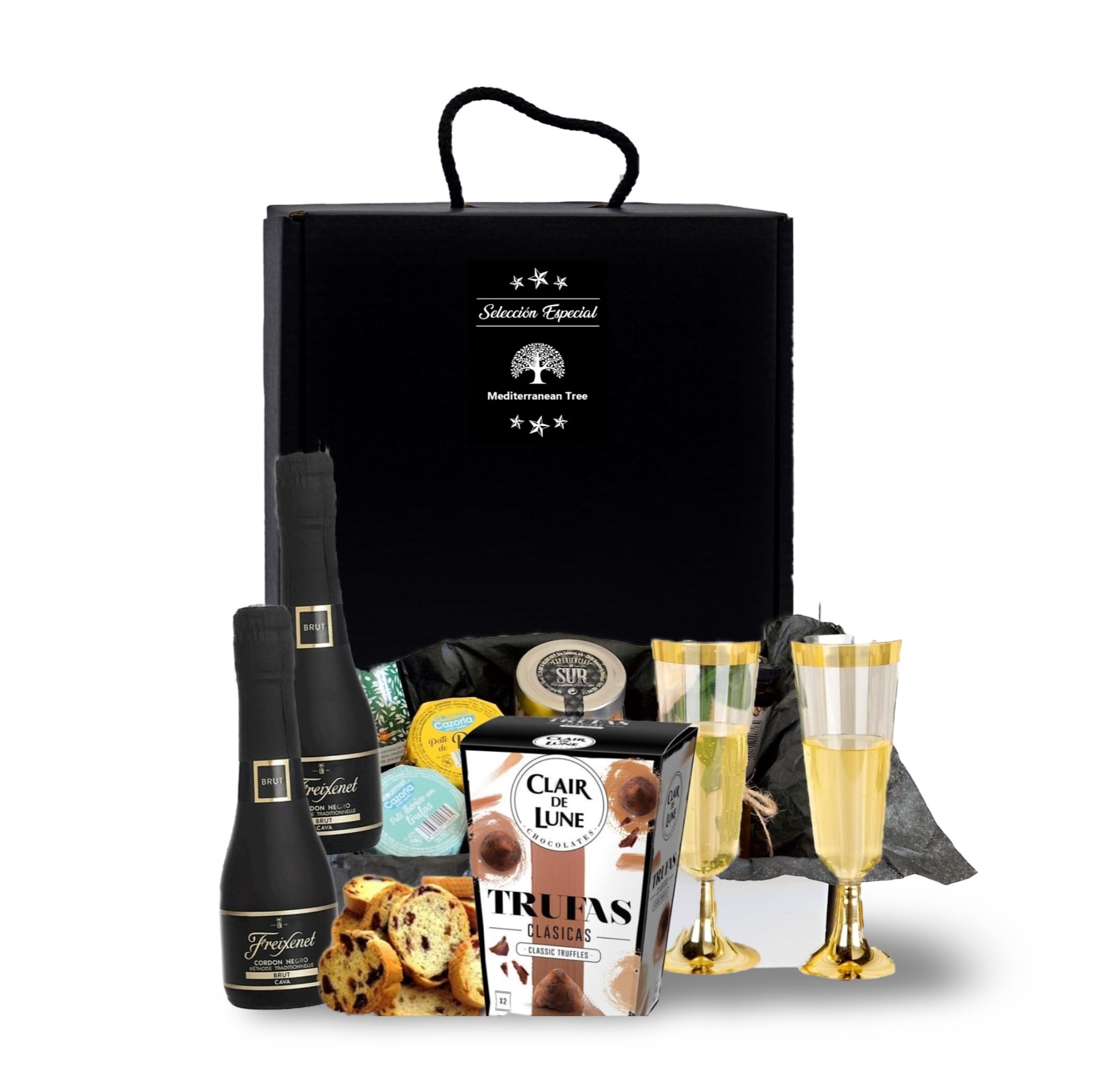 Caja Gourmet regalo + Aniversarios parejas novios boda + 2 botellas cava 20 cl + 2 Pates Ibéricos + Mermeladas Extras + Trufas chocolate + Tostaditas + 2 copas doradas + Estuche elegante