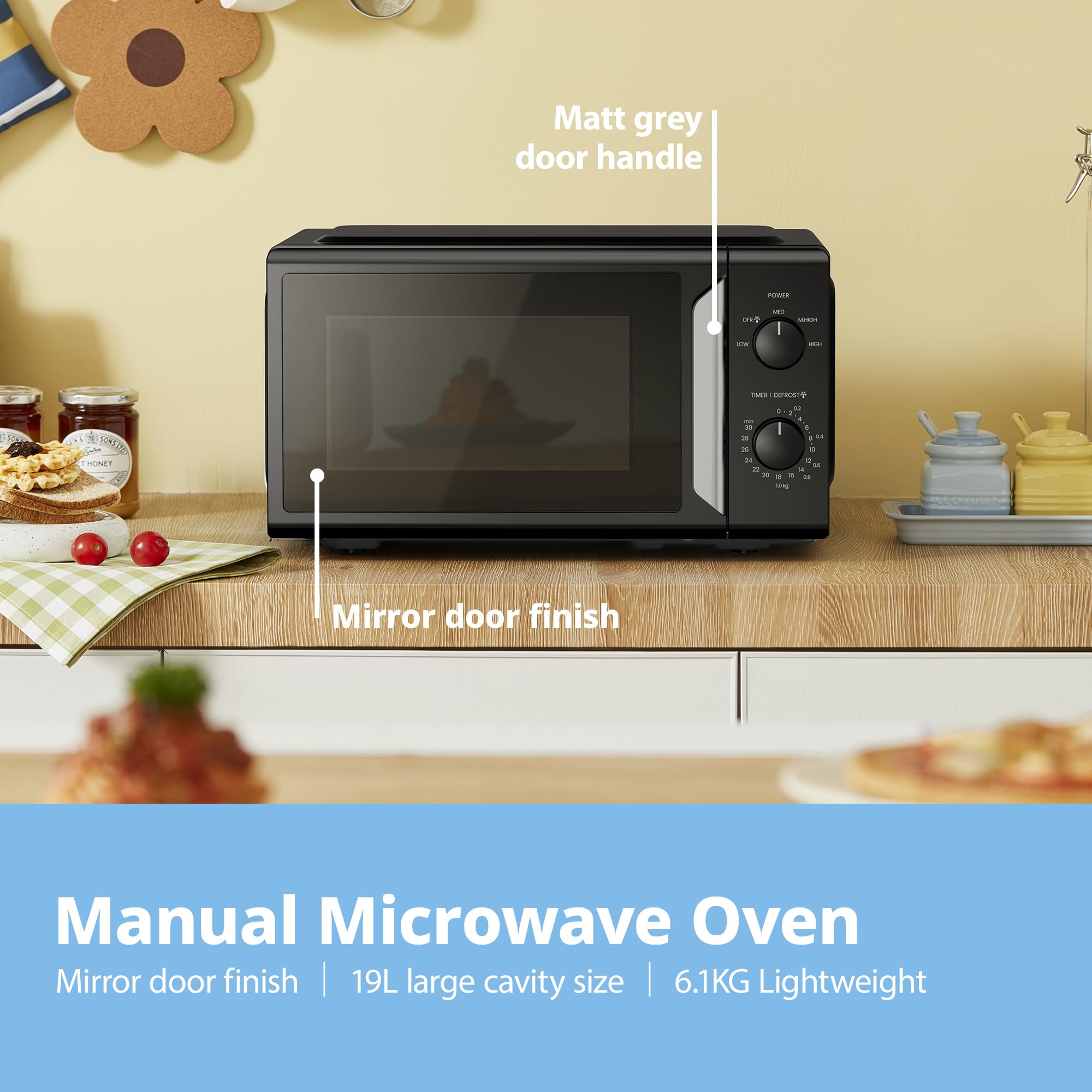 COMFEE' 19L 700W Black and Mirror Mini Microwave Oven, Compact Design, InverTech and Quick Defrost Function, 5 Cooking Power Levels with Kitchen Manual Timer - Mirror Design CMO-MP012ND(MB) — view 8