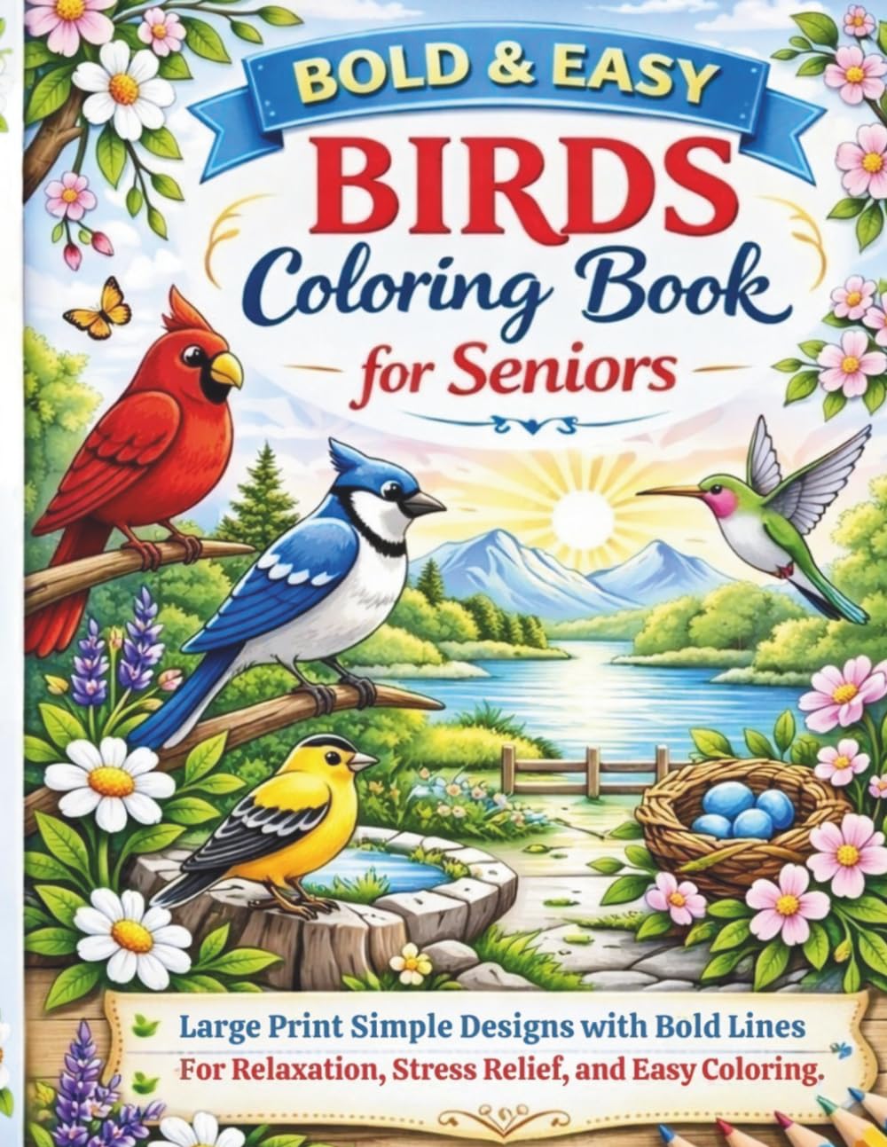Bold & Easy BIRDS Coloring Book for Seniors: Large Print • Simple Designs • Stress Relief • Easy Coloring Pages for Relaxation & Mindfulness
