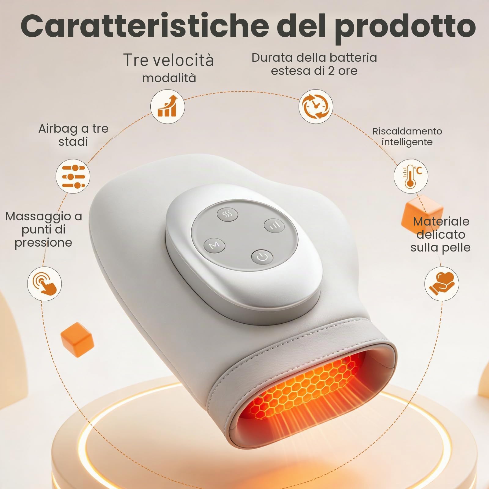 Massaggiatore mano con calore & compressione contro artrosi & stanchezza manuale, 3 modalità, 3 livelli calore, 5 livelli pressione, guanto ricaricabile, regalo relax