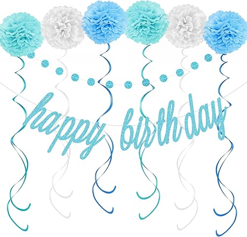 KOKAR Decoraciones azules de feliz cumpleaños: pancarta azul de feliz cumpleaños, pompones de papel, remolinos colgantes y guirnalda de puntos