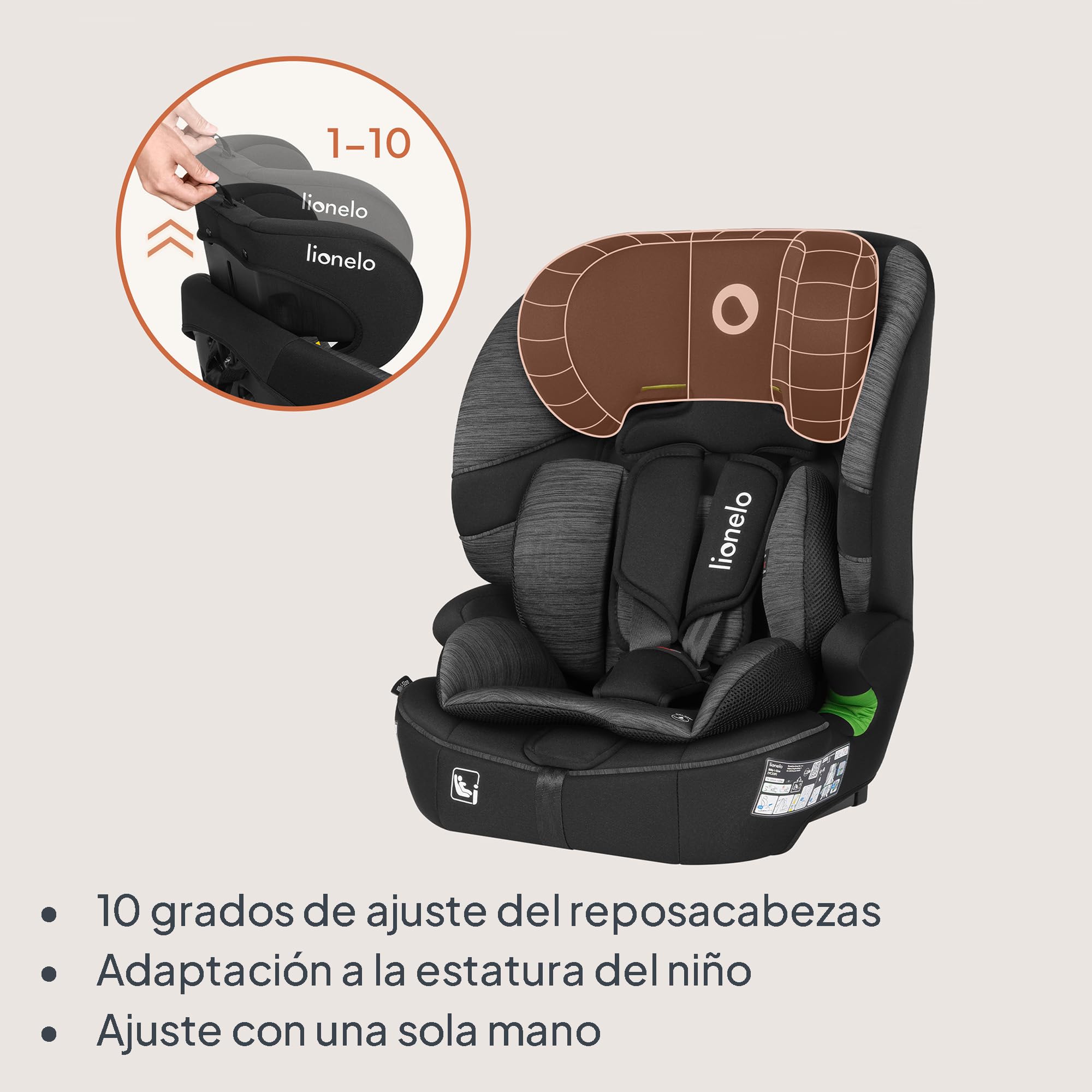 LIONELO BILLY I-SIZE Silla de Coche para Bebé, 76-150 cm De aprox. 15 meses a 12 años, Fijación ISOFIX o Cinturón de Seguridad, Reposacabezas Ajustable, Protección Lateral Norma R129.
