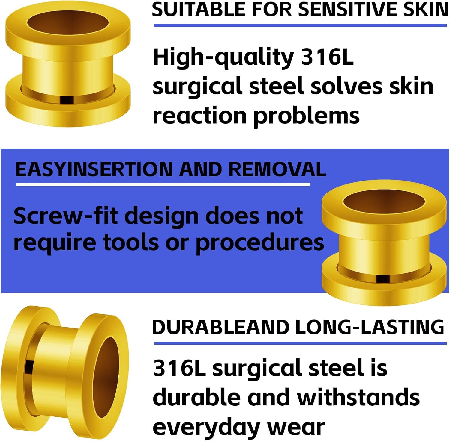 Surgical Steel Gold Anodized Screw-fit Ear Stretching Lobe Plugs, Pair