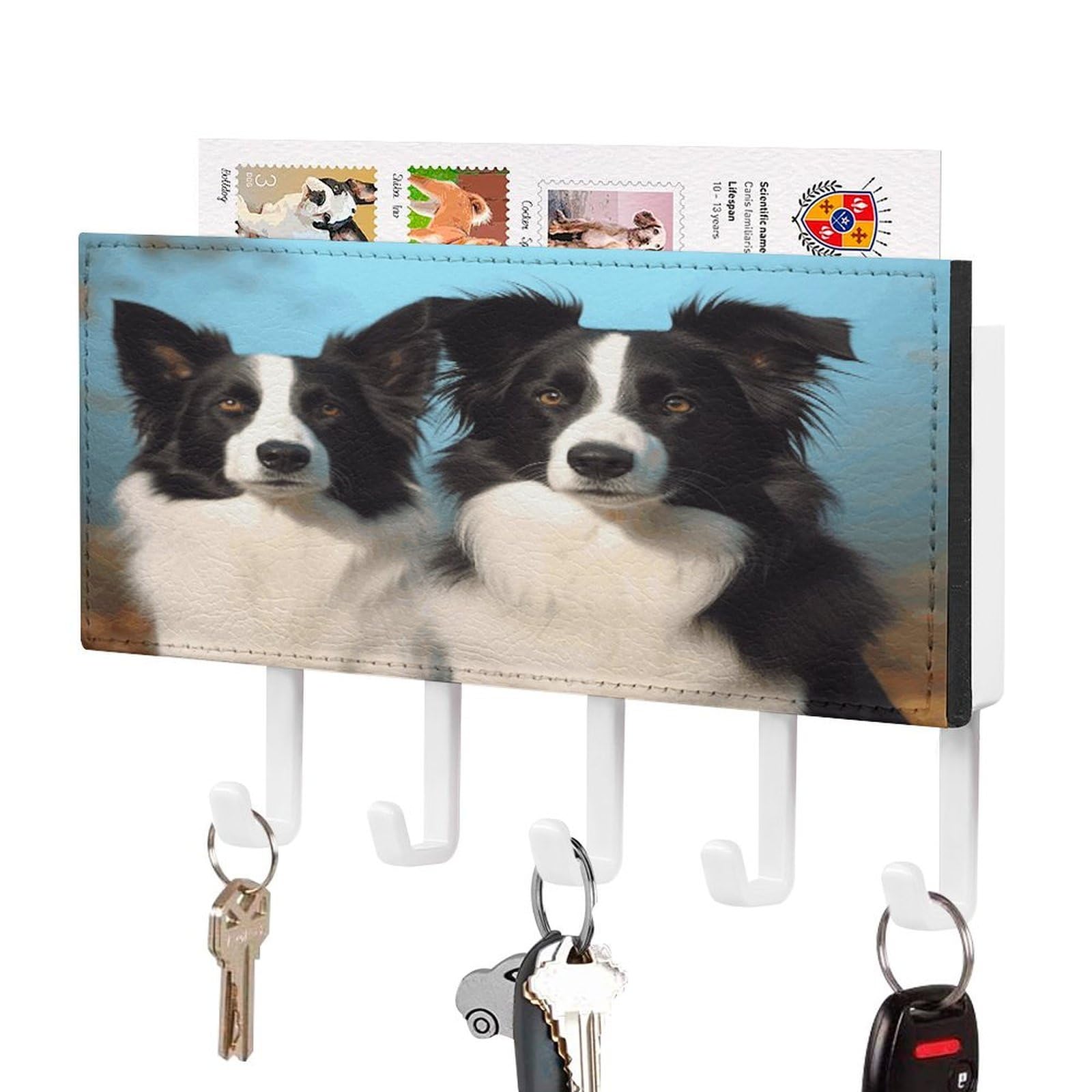 Vstadank White-Style Border Collie Key Holder For Wall Key Holder Wall Mount Adhesive With Mail Organizer Tray Adhesive Metal Key Rack With 5 Hooks Hanger Pu Leather Key Hanger For Entryway