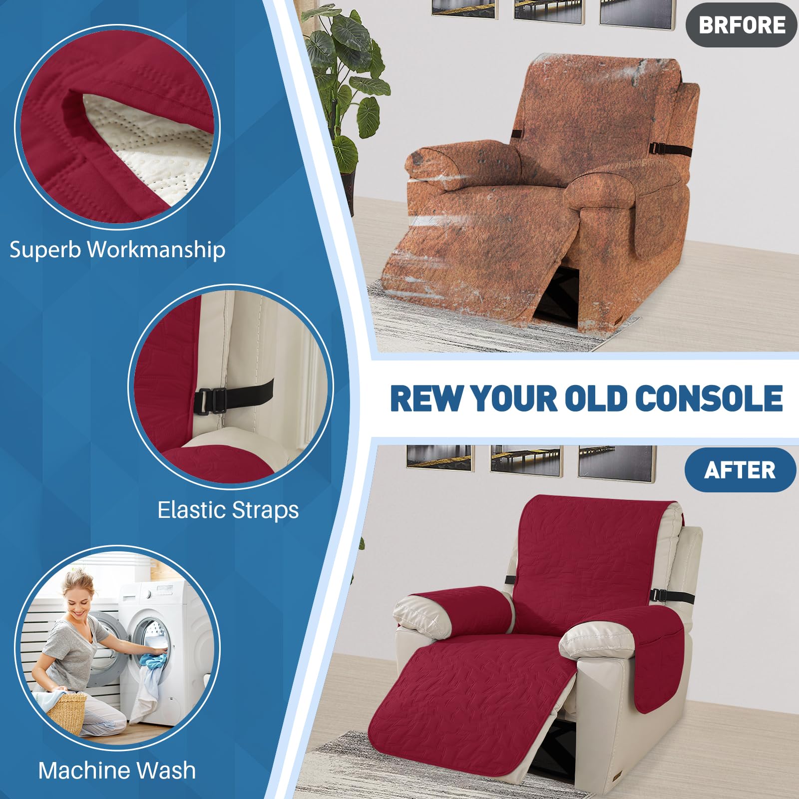 Ystyle Copripoltrona Relax Reclinabile 1 Posto, Copri Poltrona Con Braccioli, Copripoltrona 1 Posto Con Braccioli, Copripoltrone Con Fascia Elastica, Copridivano Reclinabile, Rosse