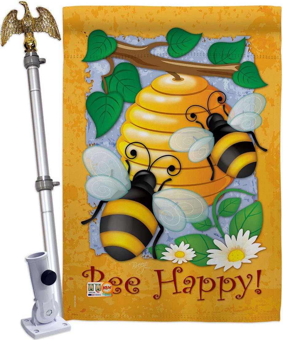 Bee Happy House Flag Garden Friends Butterfly Ladybugs Dragonfly Springtime Insect Natural Wildlife Small Decorative Gift Yard Banner Made In USA 28 X 40