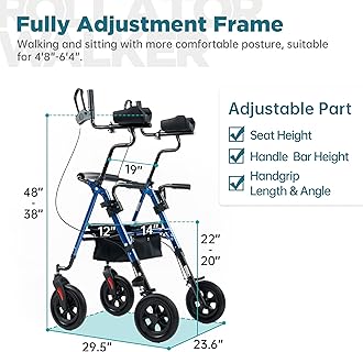 ELENKER Upright Rollator Walker, Stand Up Rolling Walker with 10’’Big PU Wheels and Adjustable Padded Armrests for Seniors from 4’8”to 6'4” (Blue)