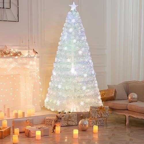Miniatura 2 de HAPPYGRILL Árbol de Navidad de fibra óptica artificial de 7 pies, árbol de Navidad blanco preiluminado con hojas iridiscentes, 36 luces de copo de
