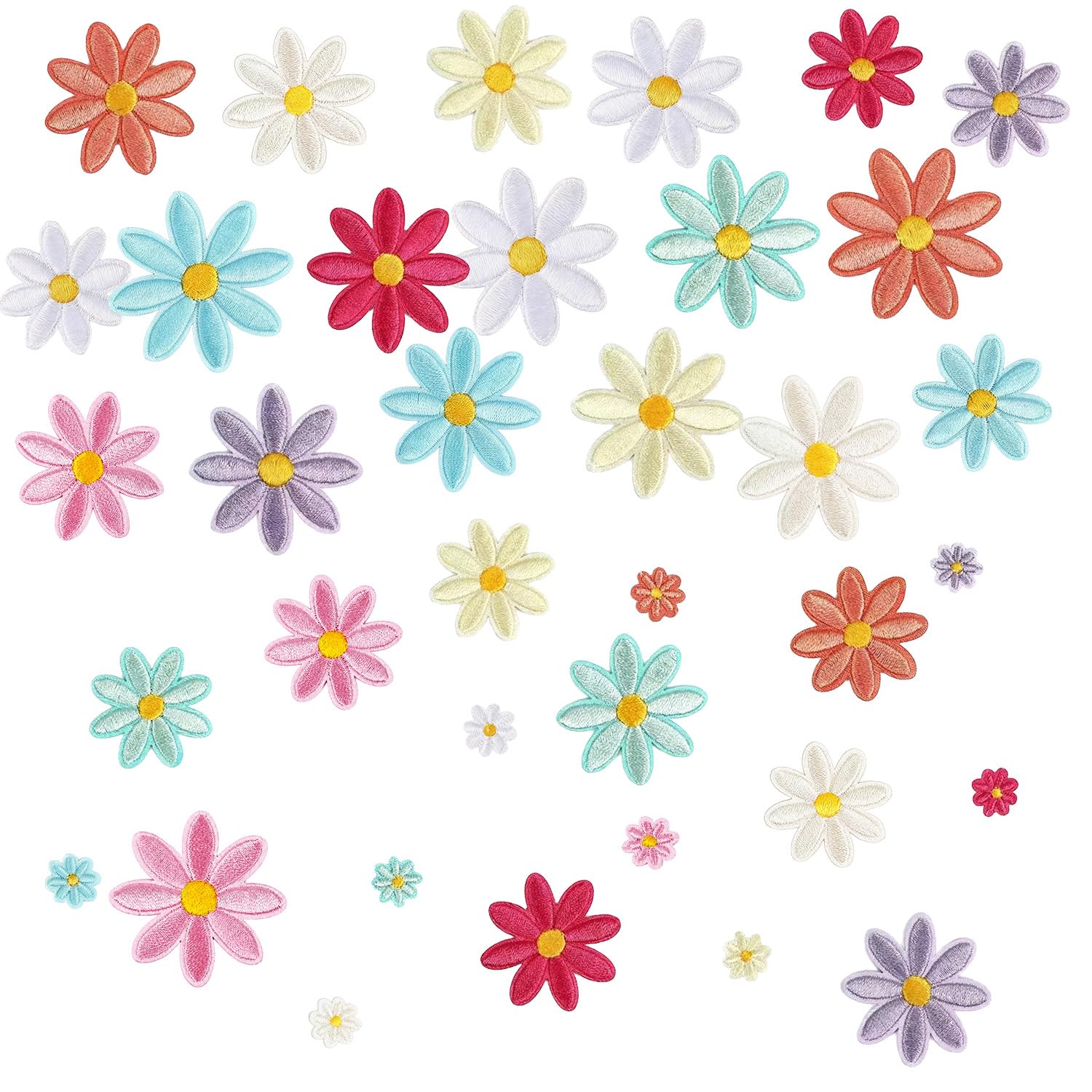 WADUBI 36pcs Daisy Iron On Patches for Clothes, Embroidered Flower Applique for Clothing Repair and Decoration, Sew On Patch for T-Shirts, Jeans, Bags and Hats, Mixed Color