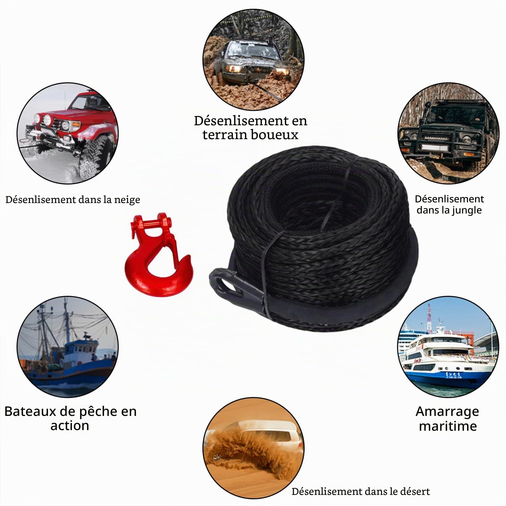 Corde à Treuil, 8mm X 15M, Corde de Remorquage Synthétique 12 Brins avec Gaine de Protection et Crochet Métallique, Compatible avec Camion, SUV, ATV, UTV, Force Traction Maximale 6000kg