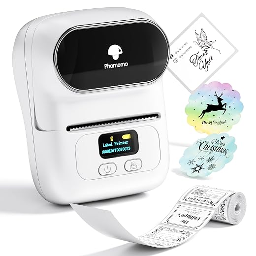 Phomemo-M110 Label Printer- Portable Bluetooth Thermal Label Maker Apply to Labeling, Shipping, Office, Cable, Retail, Barcode and More, with 1 40×30mm Label Roll, White