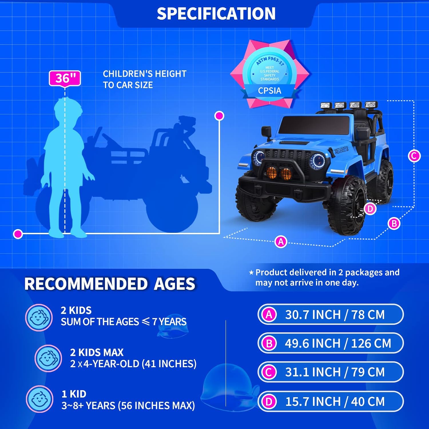 Joywhale 24V 2 Seater Kids Ride on Car Truck Battery Powered Motorized Easy-Drag 4WD, with 4x45W Powerful Engine, Soft Braking, Remote Control, Suspension&Free Car Cover, 2022 New Model, Deep Sea Blue : Toys & Games