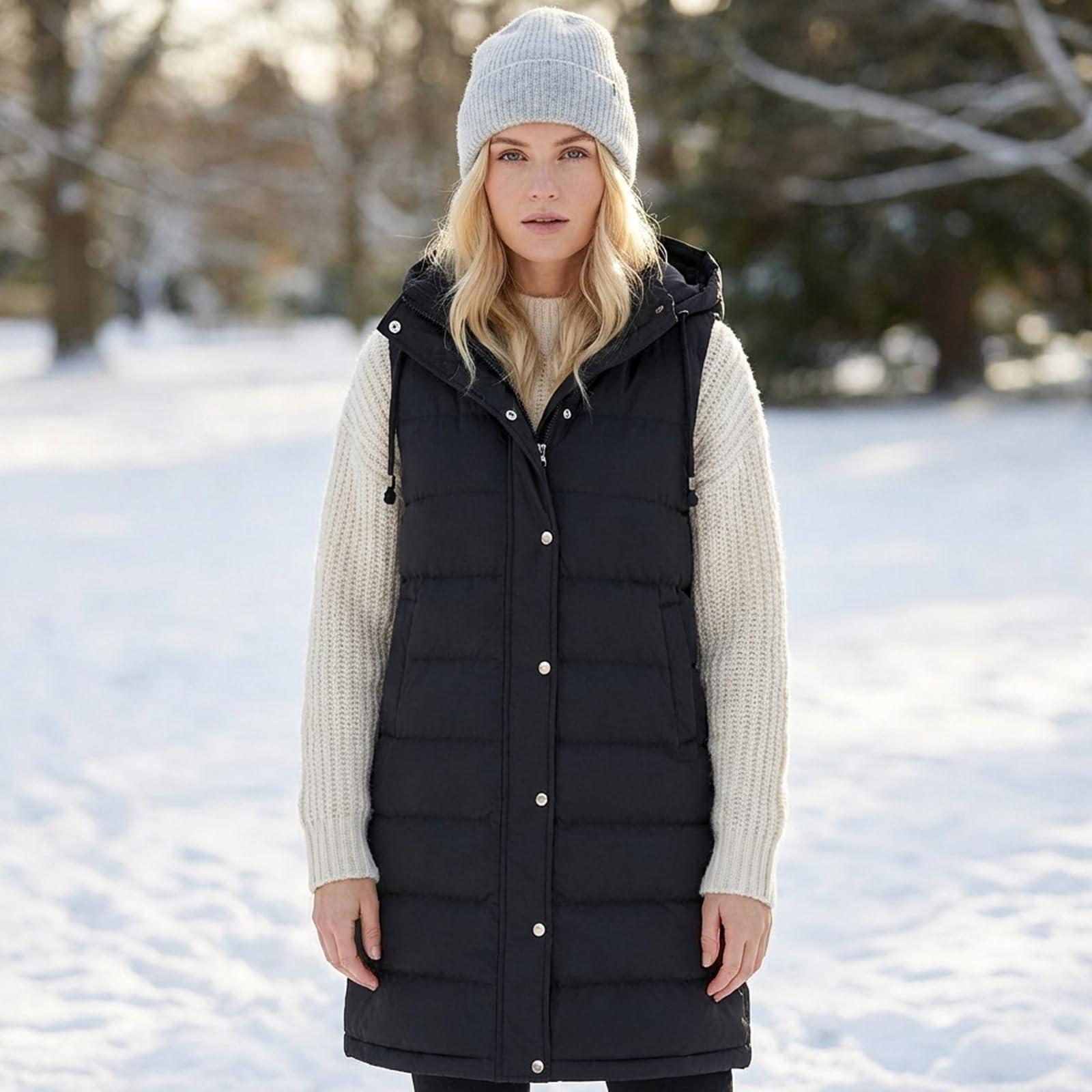 Chaleco Acolchado Mujer sin Mangas Largo Outwear Elegante Abrigos con Capucha