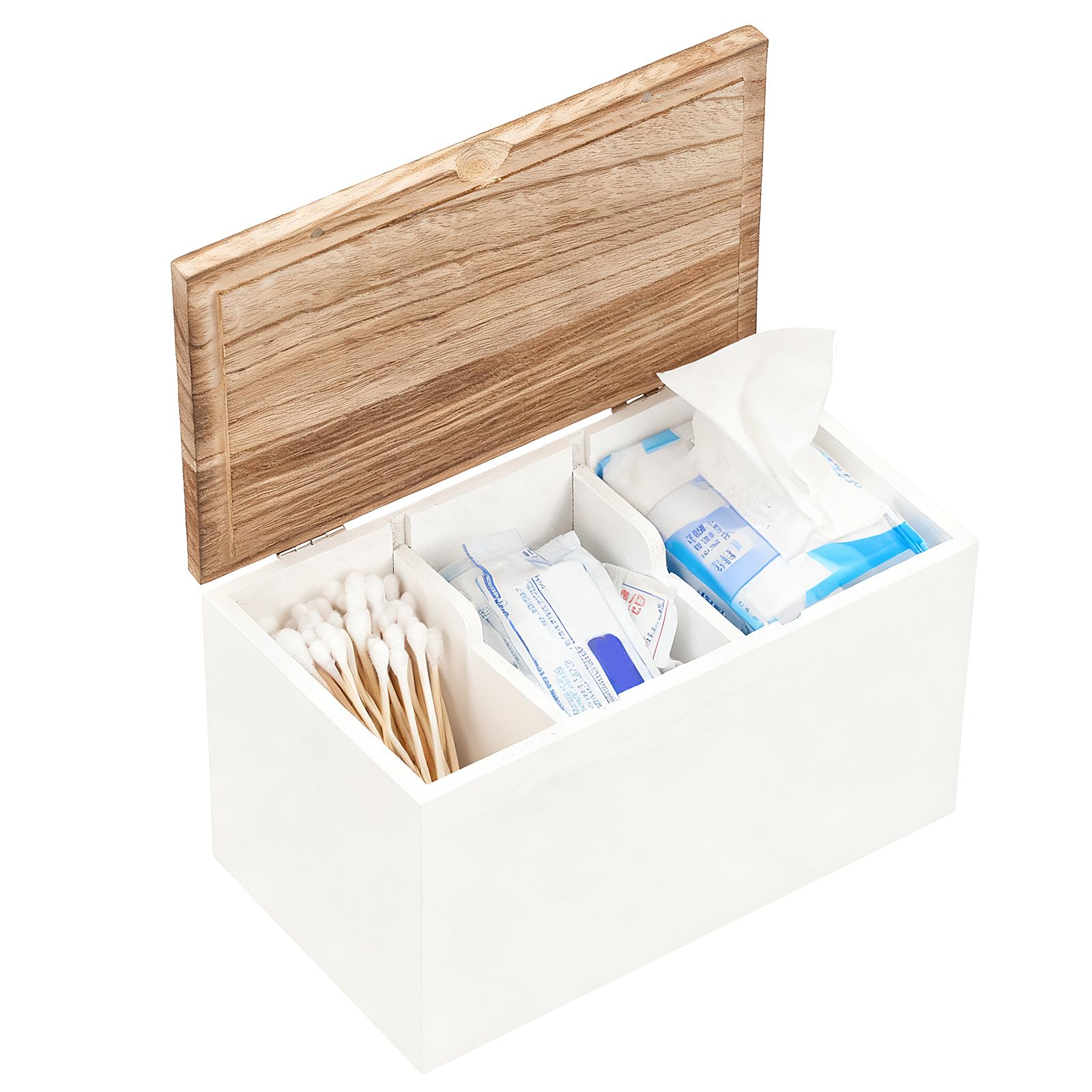 Anihet Women's White Tampon Holder For Bathroom, Versatile Tampon And Pad Storage Organizer With 3 Compartments, Wood Bathroom Bin Rustic Period Box With Lid, Feminine Product Caddy Box For (,1)