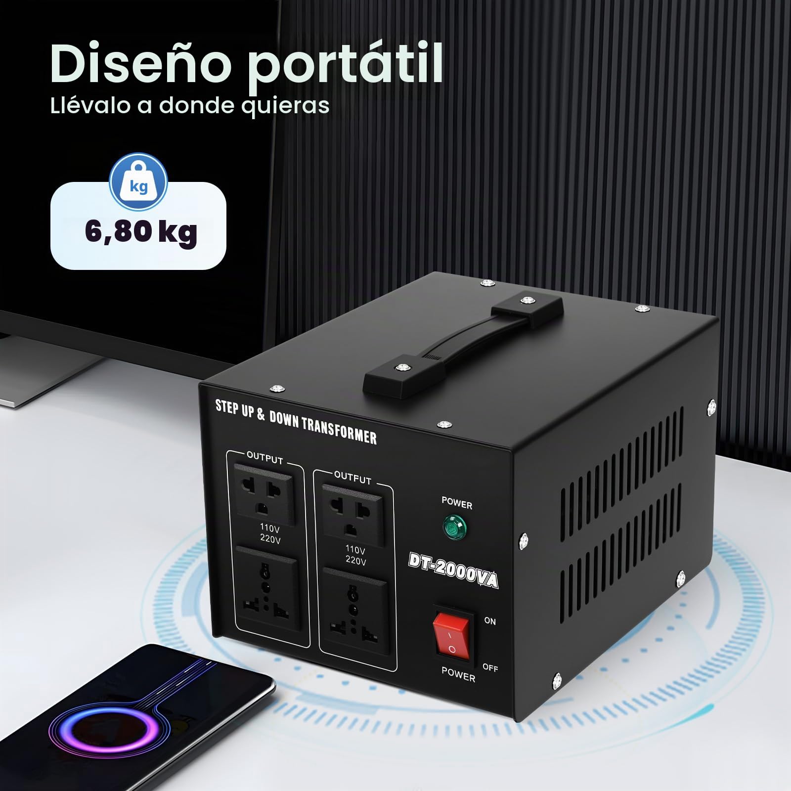 Transformador de voltaje 220 V a 110 V convertidor de voltaje step-up/down 2000 W, para aire acondicionado, frigorífico, lavadora, ordenador, TV, ventiladores eléctricos