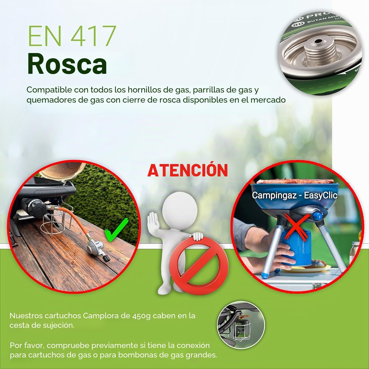 CAMPLORA 4 cartuchos de gas de 450 g adecuados para barbacoa de gas Weber serie Q100/1000, gas propano y gas butano, cartucho de rosca con rosca para hornillo de camping, cartuchos de gas, válvula de