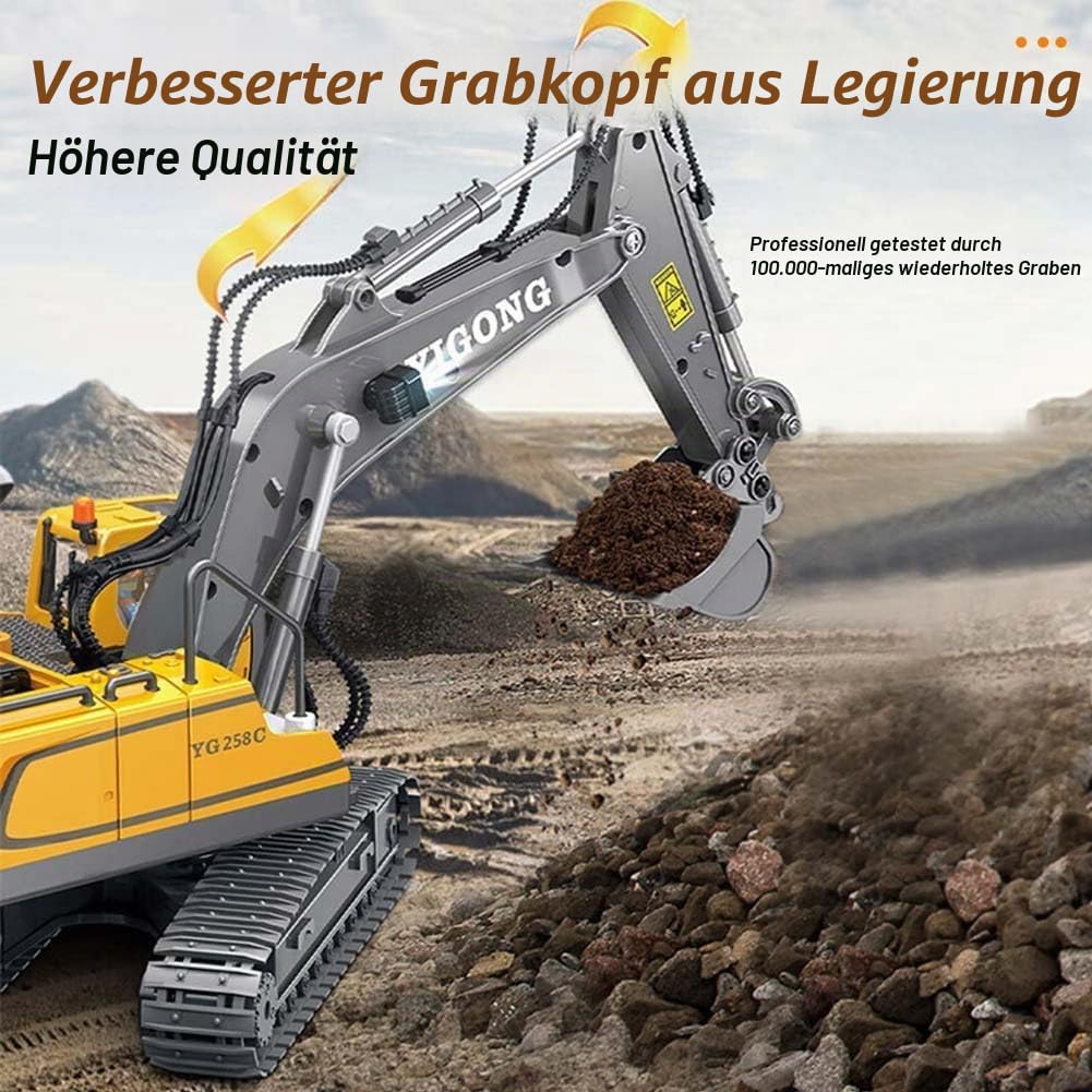 RC Bagger Spielzeug, 11 Kanal Ferngesteuerter Bagger für Jungen | 1:20 Ferngesteuerter Bagger mit Metallschaufel, 680° Drehung & Licht, Baustellen Sandkasten Baufahrzeug Geschenk für Jungen