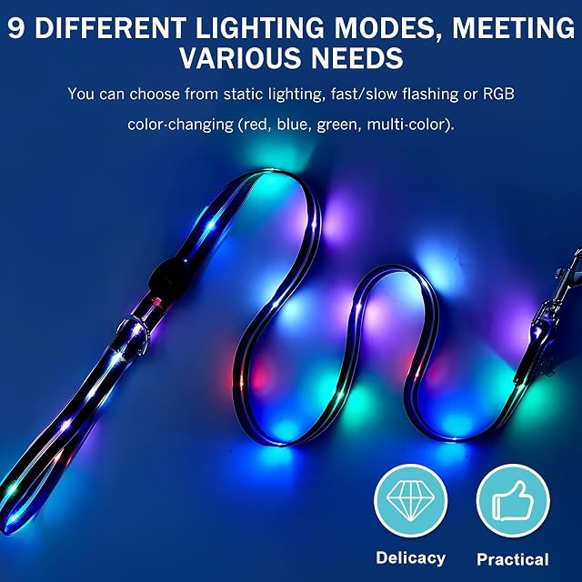 Foto 5 de 7 de Correa LED para perros, 9 modos que brillan en la oscuridad, 1,2 m, recargable por USB