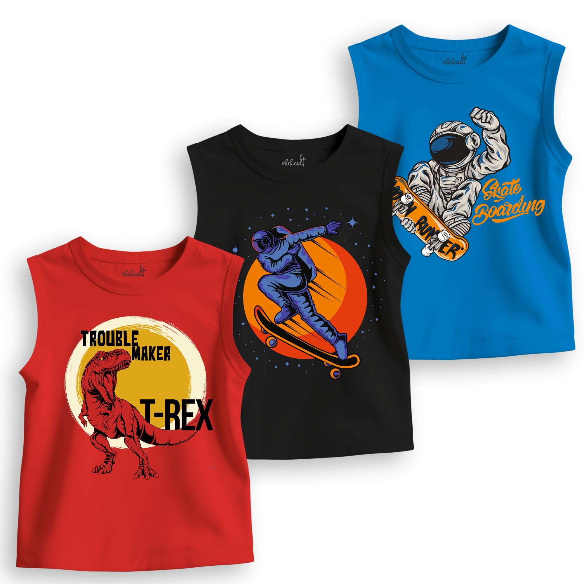 minicult Boys Cotton Regular Fit Vests and Gilrs with Fun Chest Prints(Pack of 3 )(Mix Print)(Black)(13-14 Years) - Image 2 thumbnail