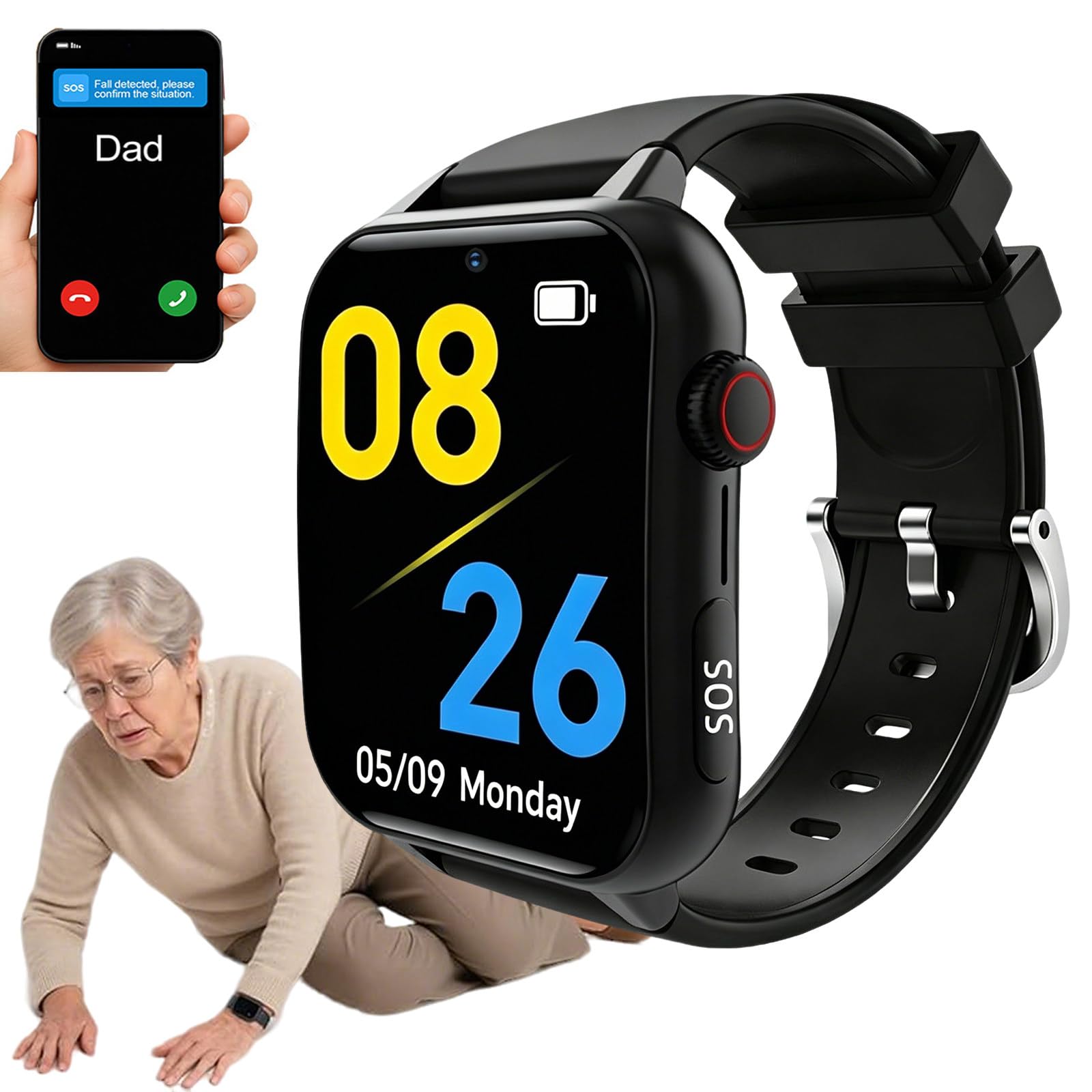 GPS Smartwatch für Senioren mit Sturzerkennung, SOS Notruf, HD Videoanruf Gesundheitsüberwachung, 1,83-Zoll-HD-Bildschirm IP67 Wasserfest, SIM Karte Erforderlich für Alzheimer Black
