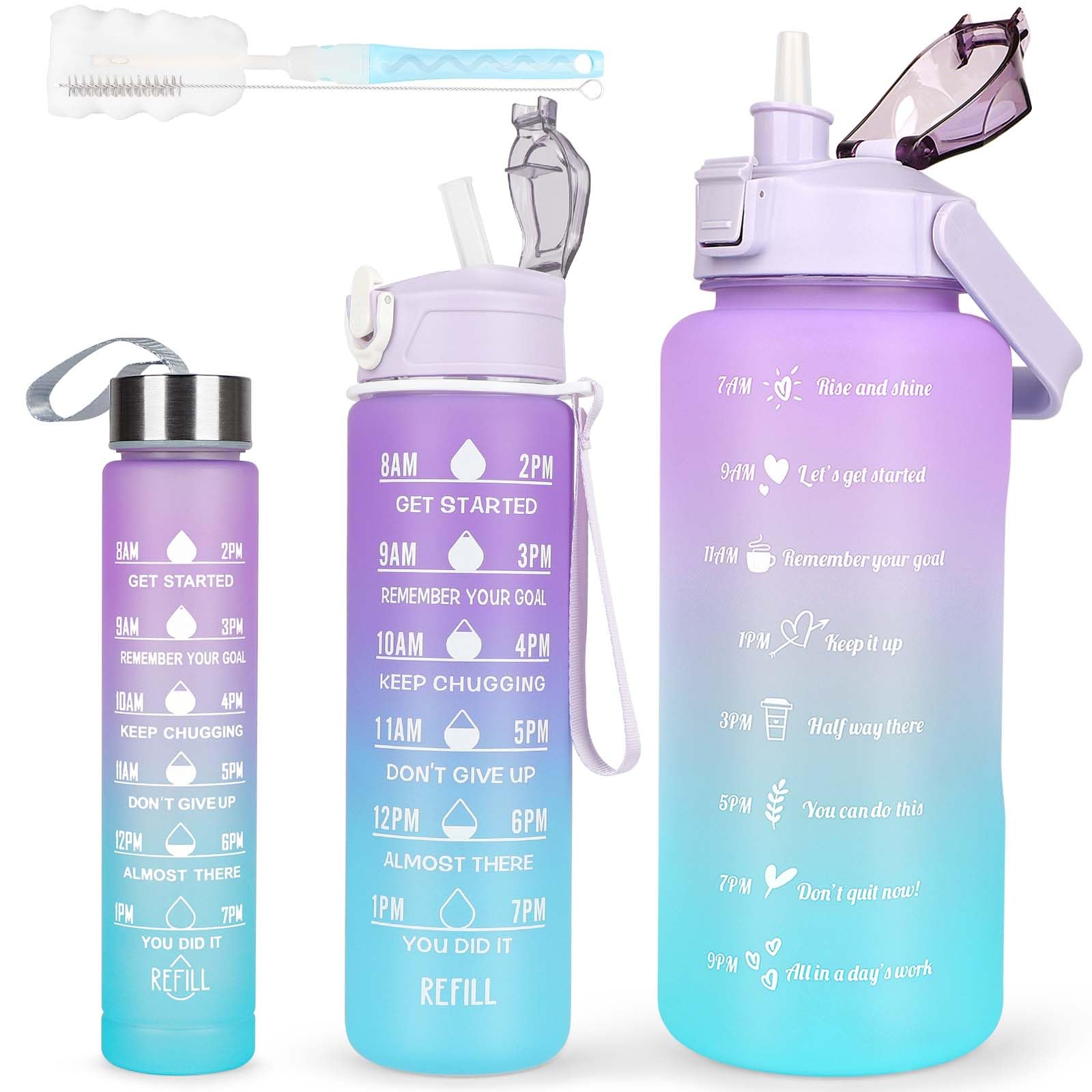 3 Pack Water Bottle 2L+750ml+200ml,Sport Water Bottle With Time Marking, Leak Proof Gym Drinking Bottle BPA Free, 2 Liters Large Canteen Water Bottle With Straw For Women Men, Purple