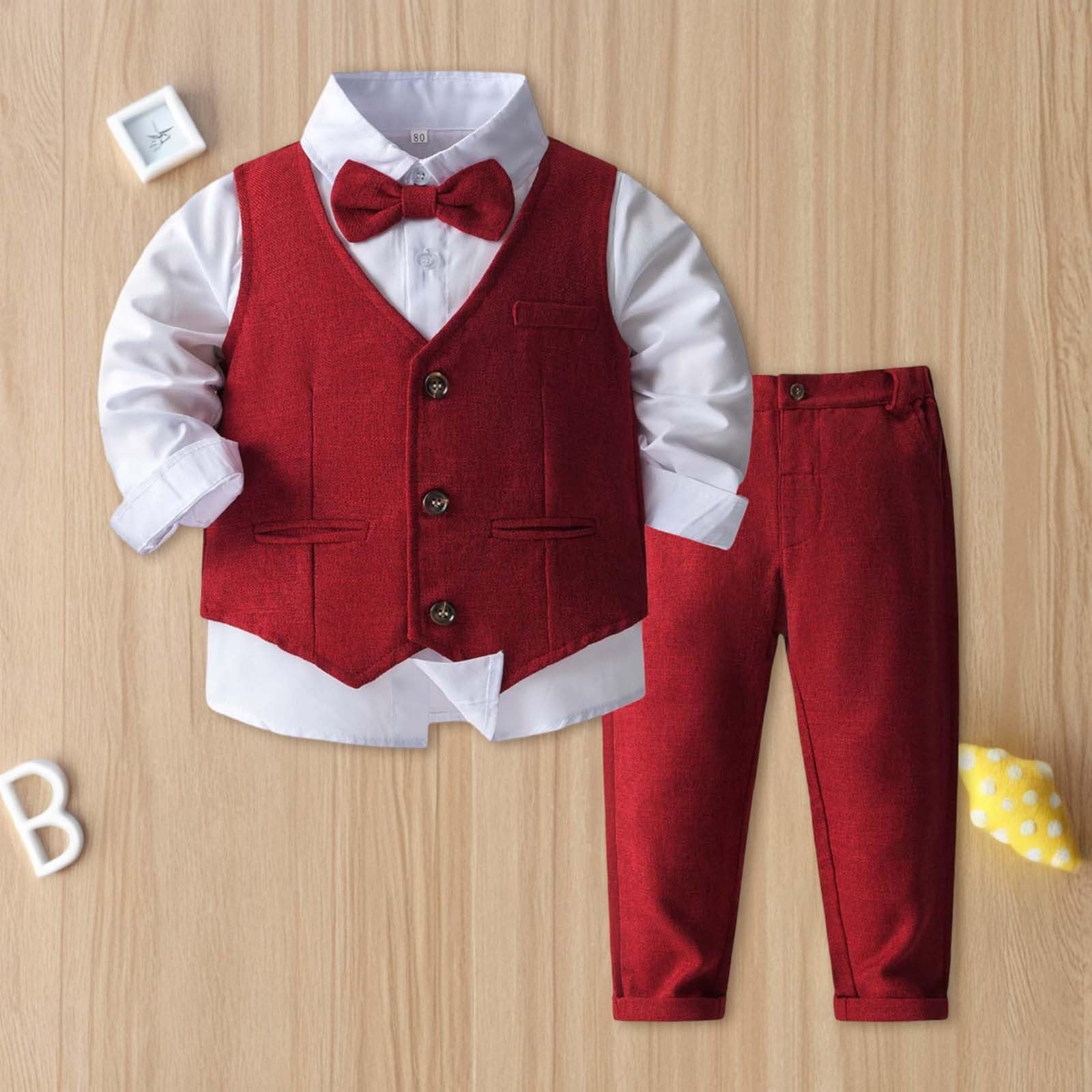 Completo elegante per neonato, camicia, gilet e pantaloni, smoking in cotone, per battesimo e cerimonie