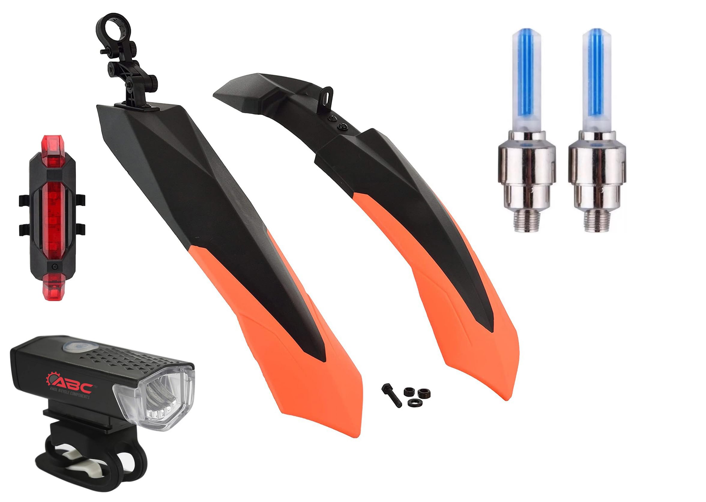 ABC AMOL BICYCLE COMPONENTS Bicycle Front & Rear Double Colour Mudguard with Iron Fitting + Cycle Waterproof USB Rechargeable Front Rear and Valve Light (Orange) (B0CL7MSKDN) Amazon Price History, Amazon Price Tracker