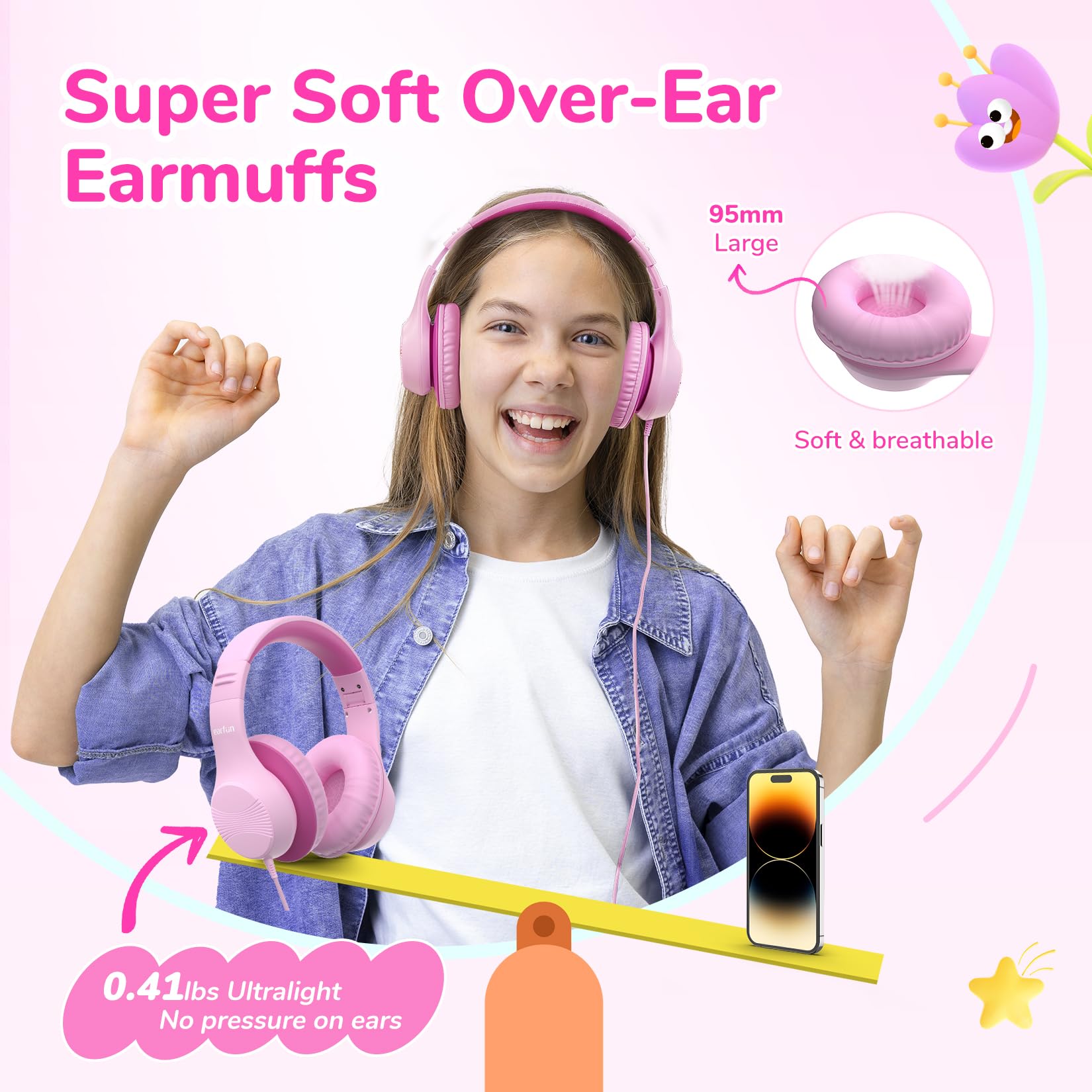 EarFun Auriculares Niños USB-C, con 85dB Volumen Limitado, Cascos Niña Over Ear con Cable, Plegables y Ajustables en 8 Niveles, Auriculares Infantiles Antienredos para Escuela/Tablet/Viajes, Rosa