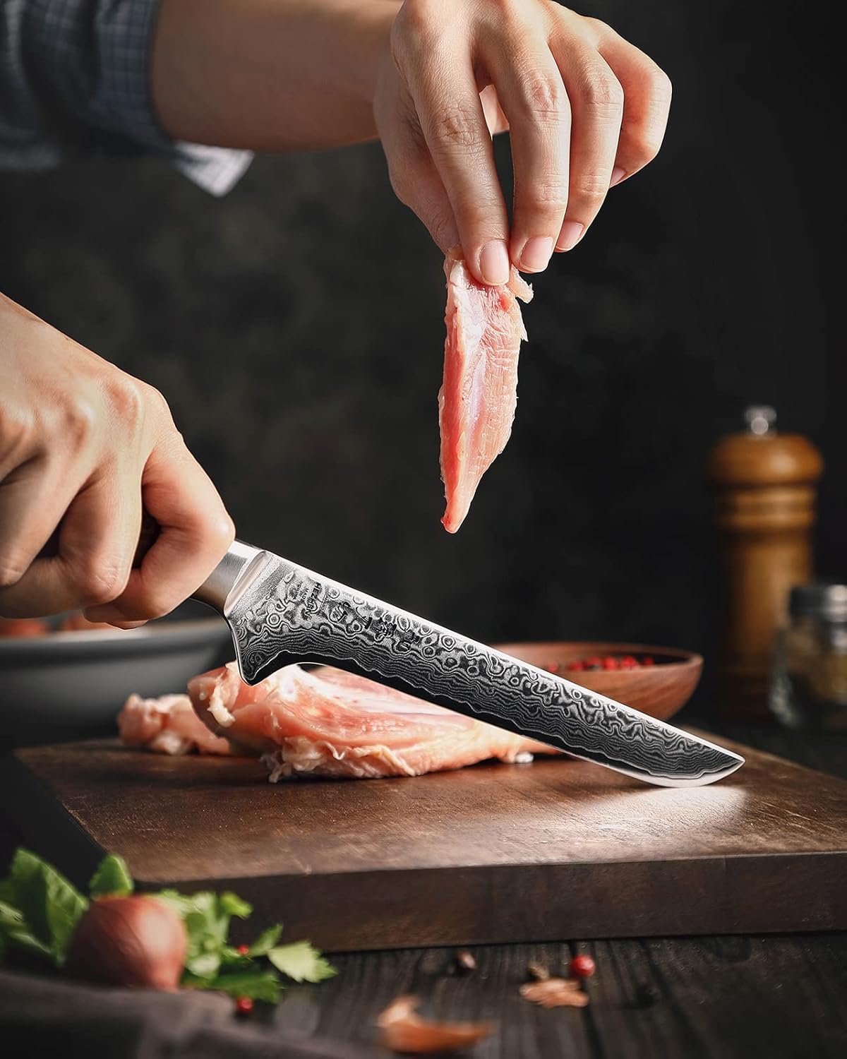 HEZHEN Damascus Boning Knife, 67 Layer Damascus Steel Fillet Knife Kitchen Knives,Figured Sycamore Wood Handle