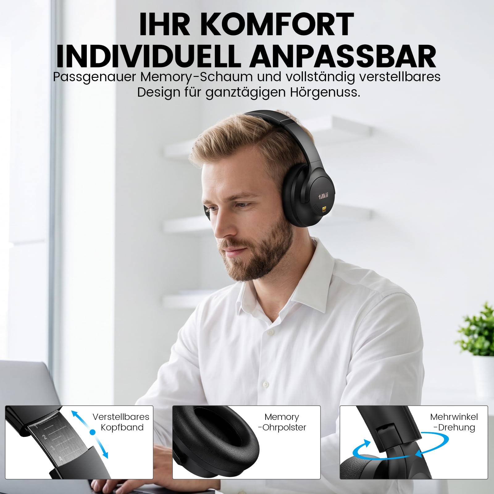 1Mii Y8+ Noise Cancelling Kopfhörer Over-Ear Bluetooth Kabellos, Schwarz