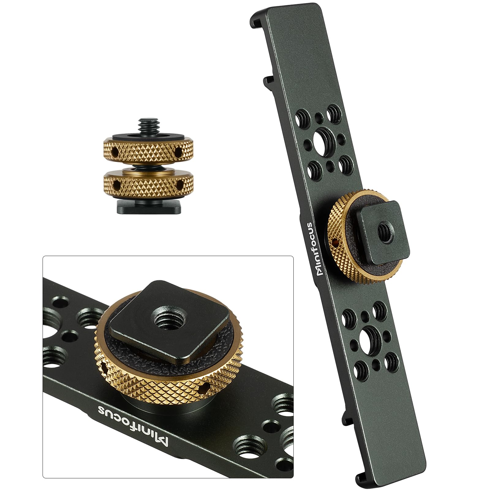 MINIFOCUS Supporto a barra di estensione per slitta fredda tripla, staffa di montaggio hot shoe in lega di alluminio con fori filettati da 6,35 mm per fotocamera DSLR, microfono, treppiede, luce video