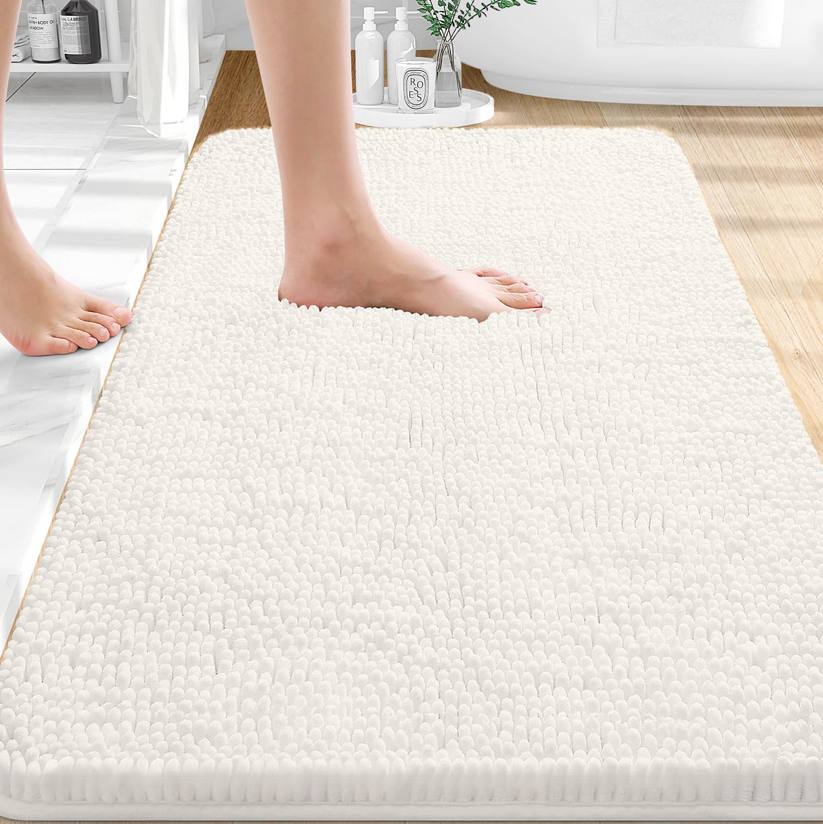 OLANLY Bathroom Rugs 35x24, Extra Soft Absorbent Chenille Bath Rugs | Ivory, Quick-Drying Rubber Backing, Machine Washable Bath Mat for Bathroom Floor, Tub and Shower, Home Decor Accessories