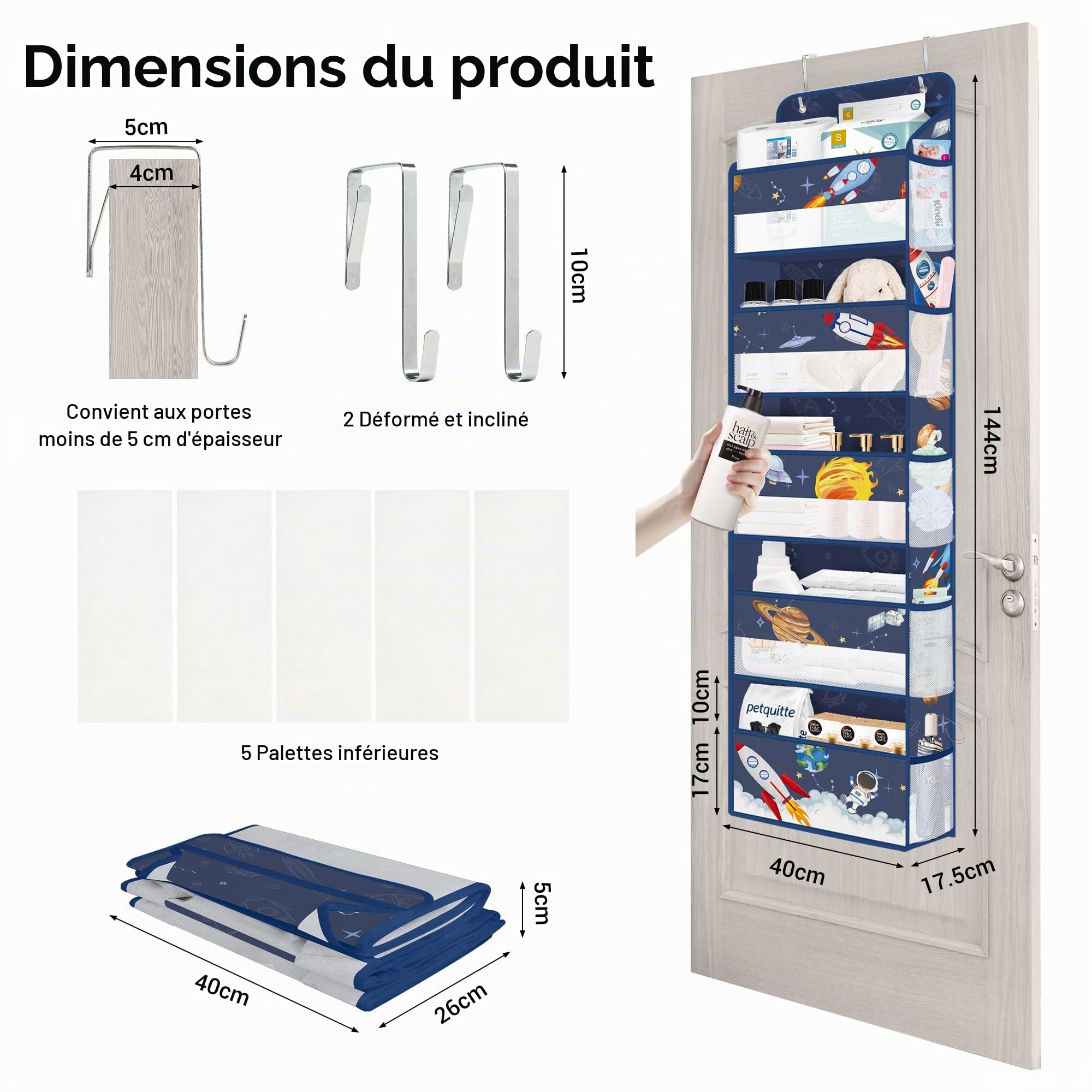 Clastyle Étagère Suspendue sur Porte de Rakete Bleu à 5 Compartiments, Rangement Suspendu pour Jouets Couches Vêtements pour Enfants, Rangement Porte à Suspendre pour Chambre Salle de Bain Pantry