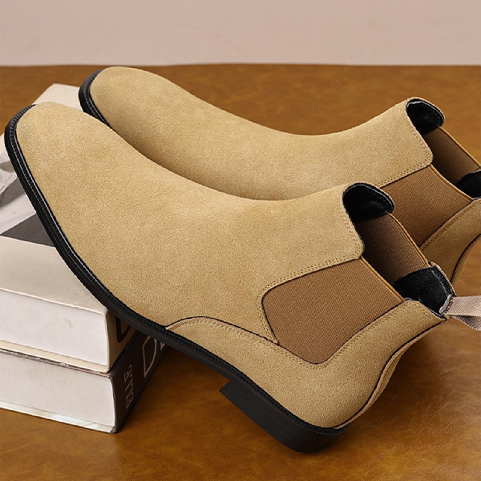 ANUFER Herren Rindsledern Wildlederleder Chelsea-Stiefel Quadratische Zehe Slip On Kleid Knöchelstiefel