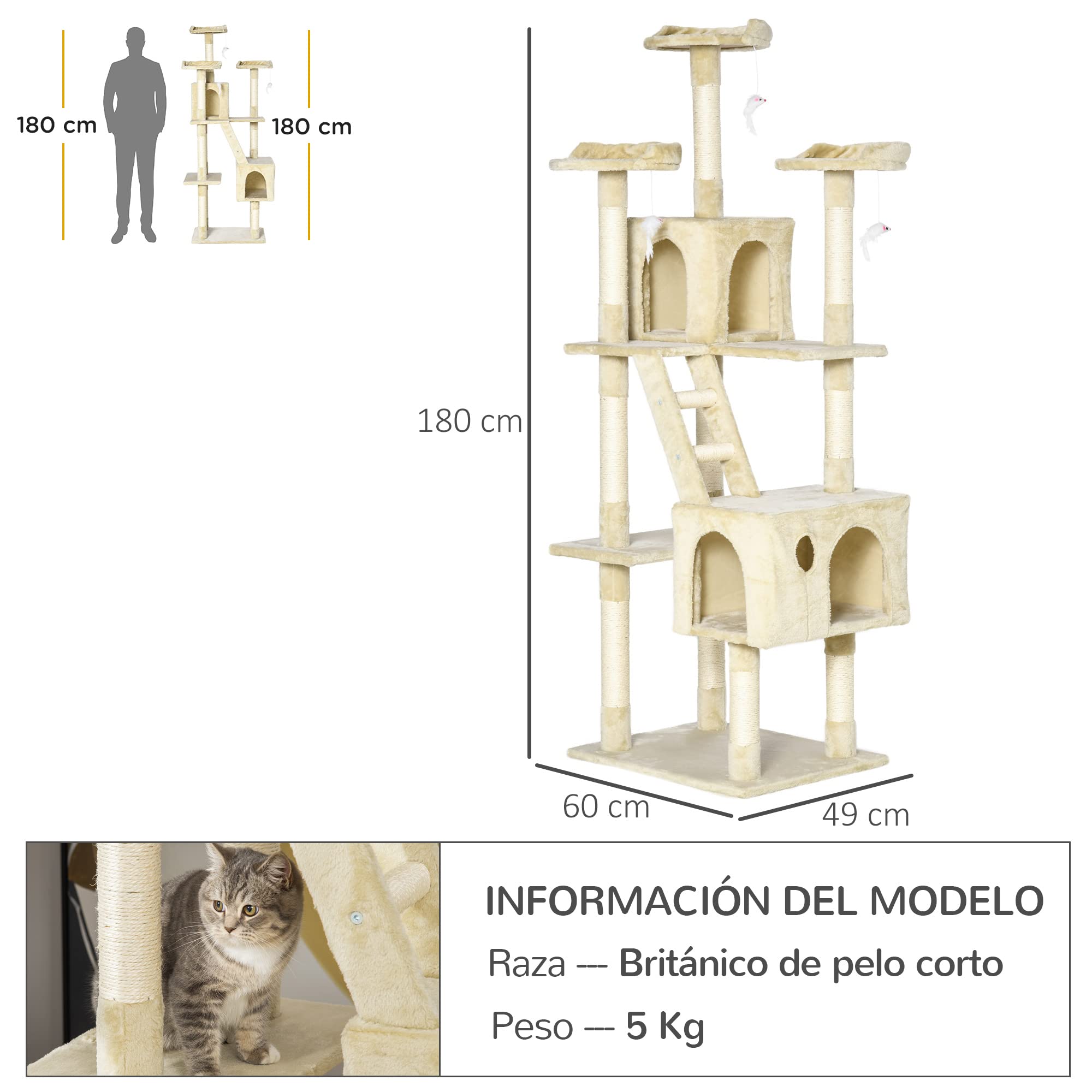 PawHut Rascador Árbol para Gatos Grande 60x49x180 cm con Poste de Arañar Múltiples Plataformas Escaleras Cuevas Juguetes Centro de Actividades Beige
