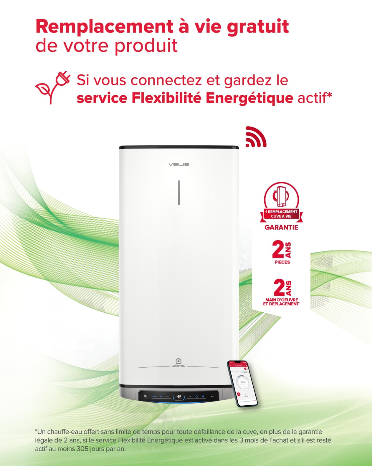 Ariston Velis Evo Dune Dry WiFi 80L Chauffe-Eau Plat Multiposition, Résistances DRY x2 Anti-Calcaire, 25% Économie d'Énergie, Certifié NF, Garantie Remplacement à Vie