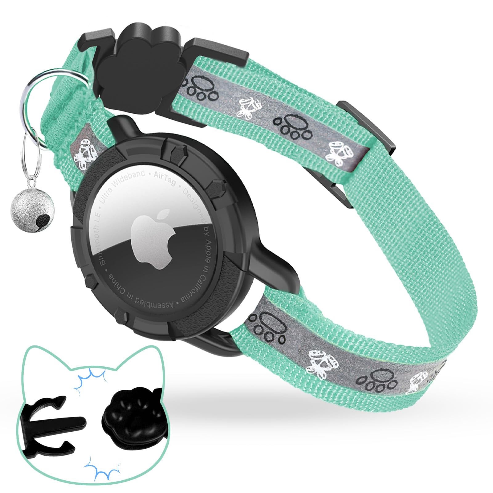 Breakaway AirTag, Collare riflettente per gatti, con supporto per etichetta dell'aria e campanello, fascia elastica di sicurezza, collare GPS per gatti, gattini e cuccioli (verde, 20-33 cm)