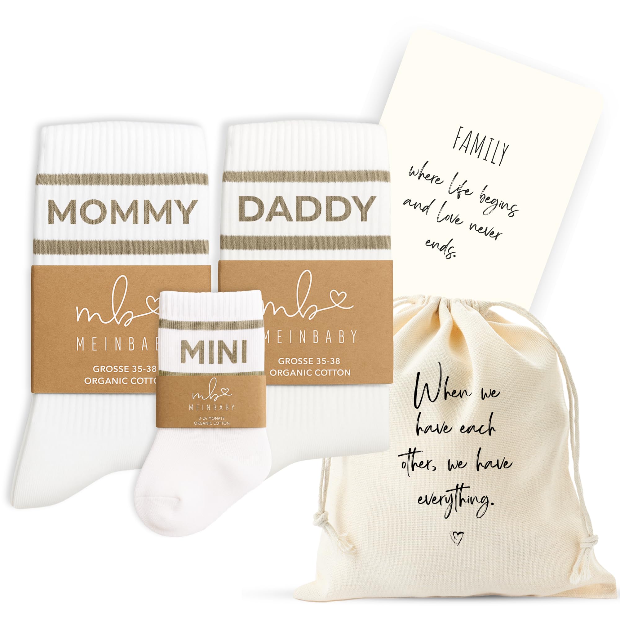 MeinBaby123® Geschenk zur Geburt, Baby Socken, Mama Socken, Papa Socken, Geschenk Babyparty (Beige: Mommy, Daddy, Mini (3er Set), Mommy 35-38, Daddy 43-46, Mini 3-24 Monate)