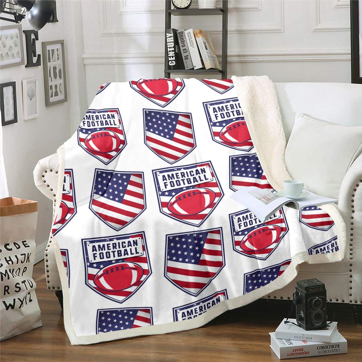 Loussiesd Rugby Sherpa Blankets American Football Throw Blanket for Couch Sofa Travel Teens Ultra Soft American Flag Pattern Fleece Blankets Bed Decor Geometric Stripe Single 50"x60" — image 1